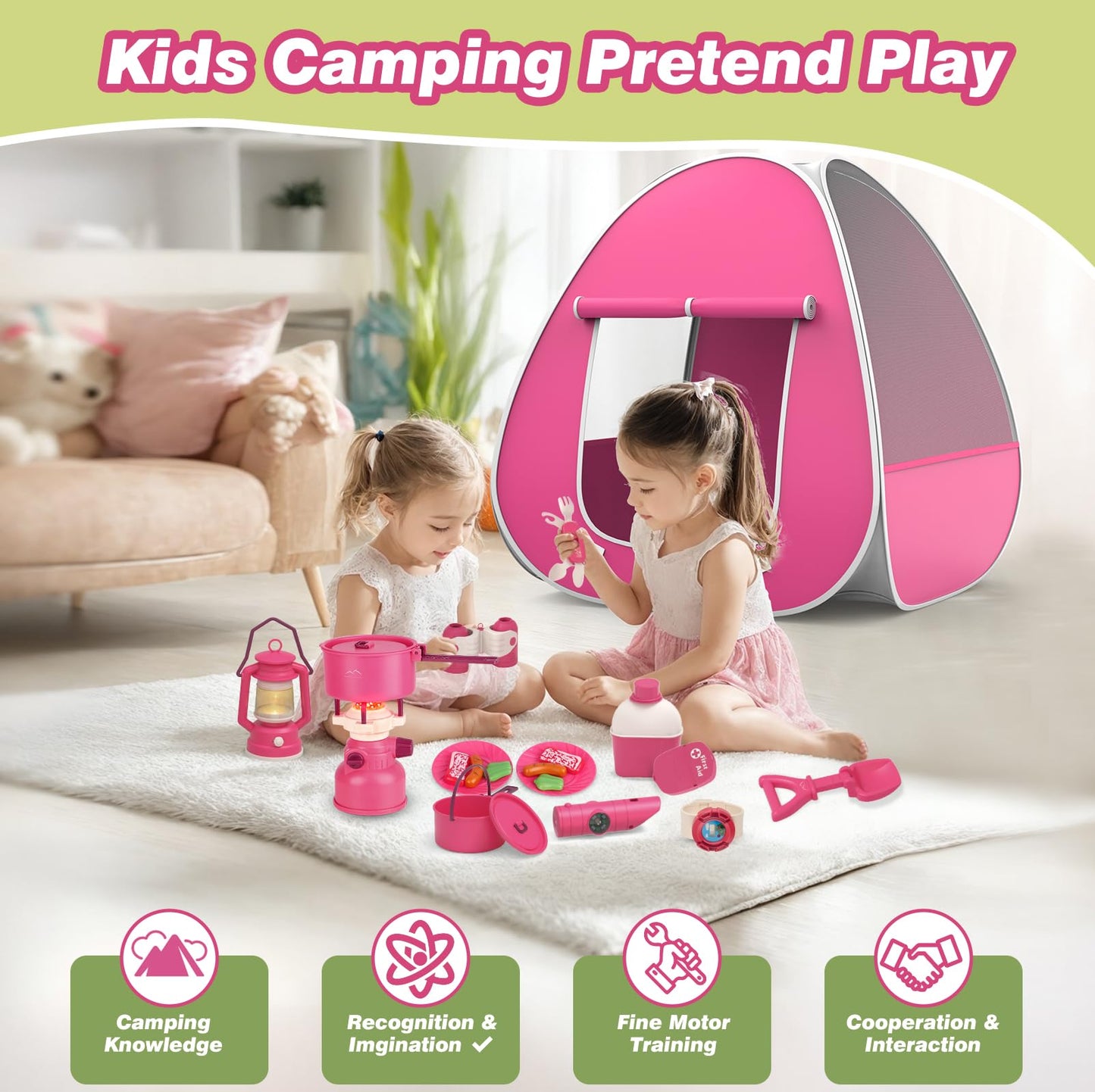 Fidecexv Kids Camping Set with Pop-Up Tent – 26-Piece Pretend Play Kit (Ages 3-6)