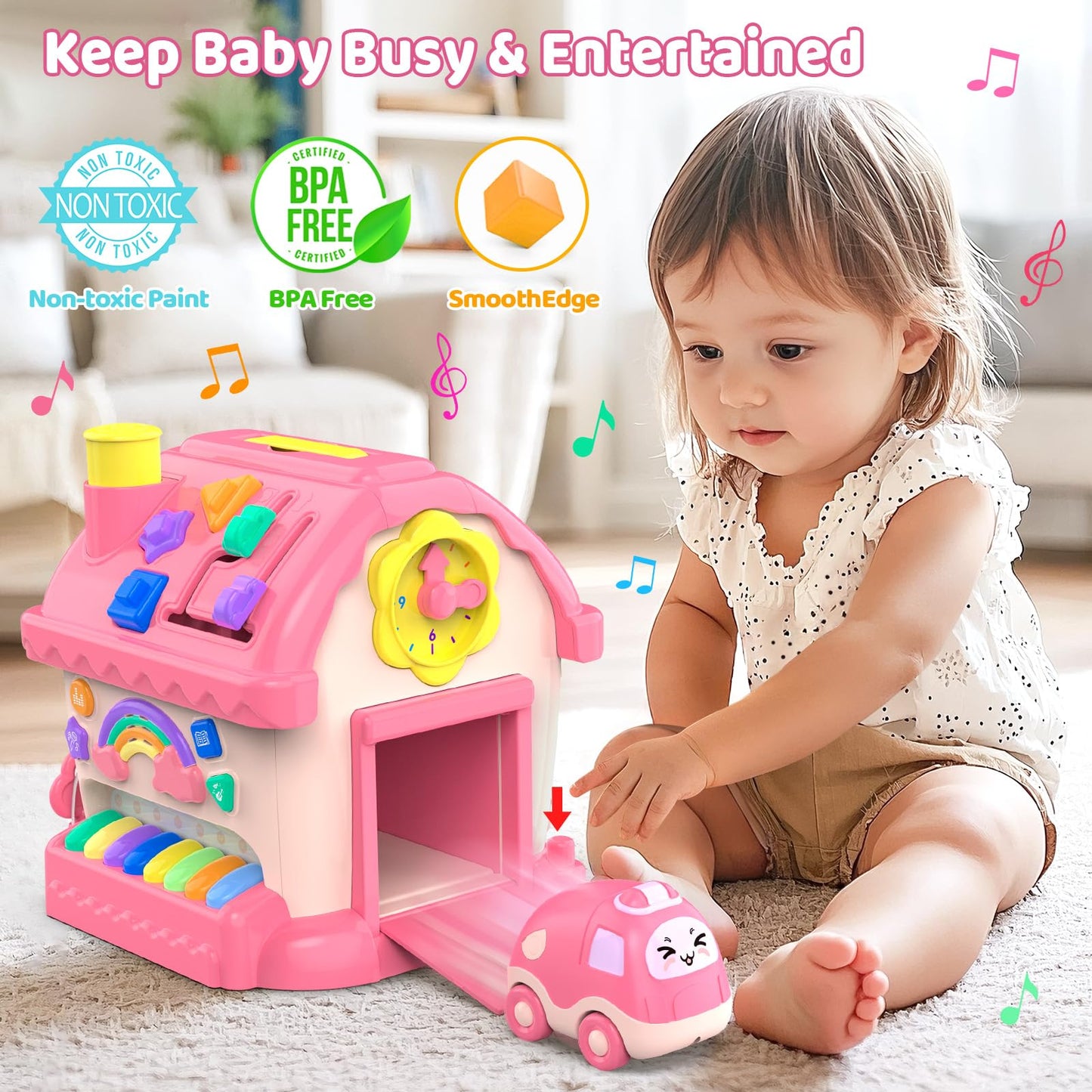 Fidecexv 12-in-1 Montessori Musical House Toddler Toy for 1–2 Years (Pink)