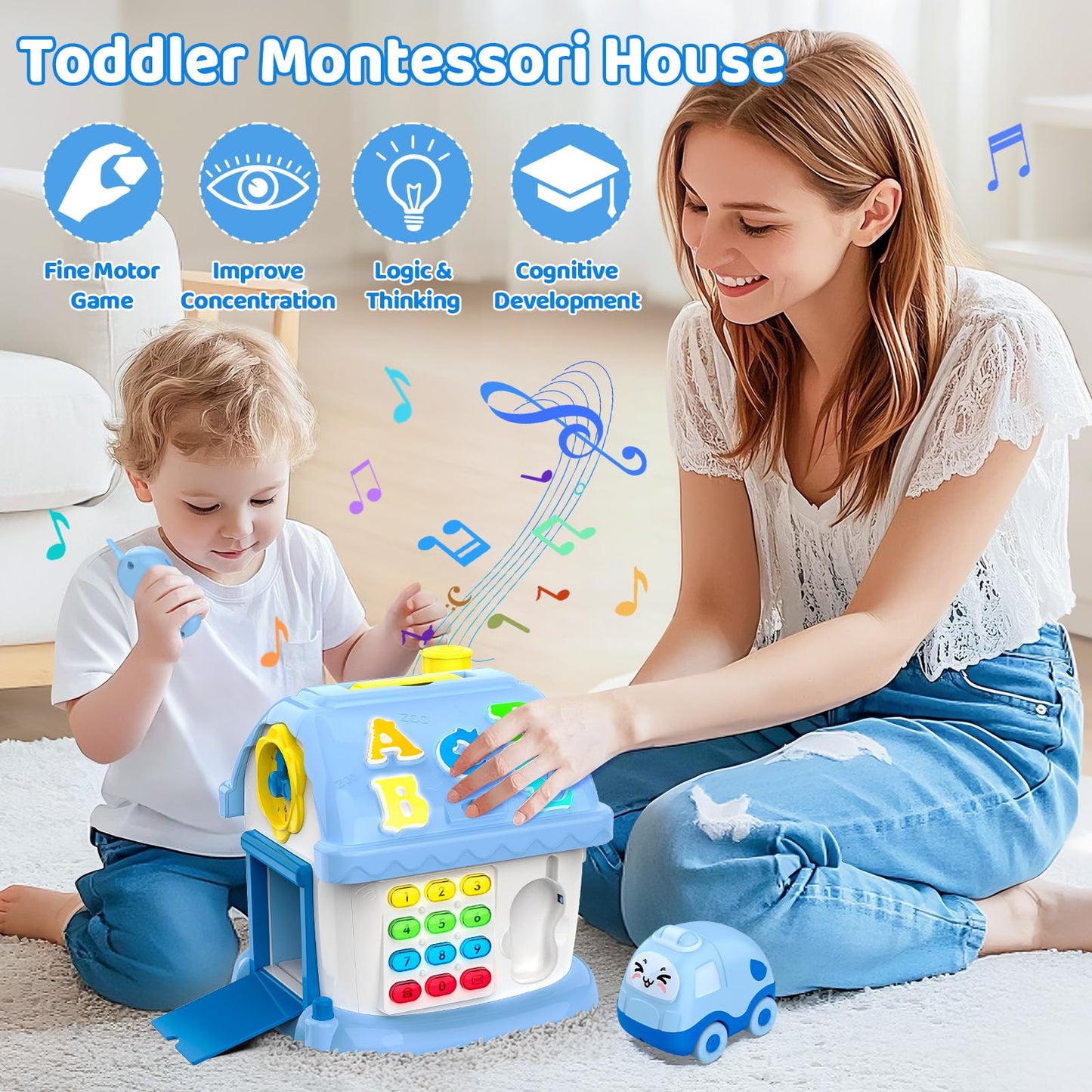 Fidecexv Montessori Toys: 12-in-1 Musical Busy House for 1-2 Year Olds (Blue)