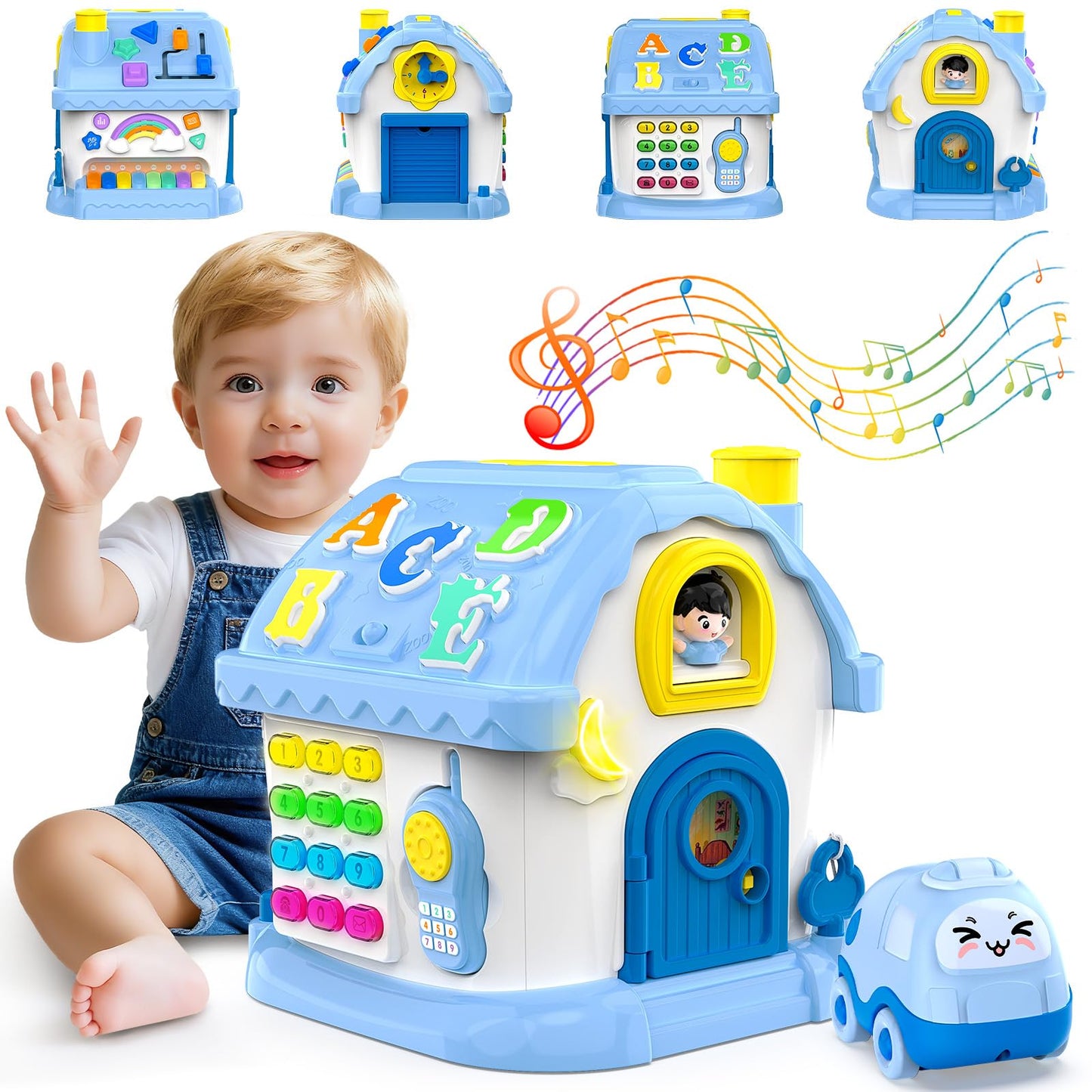 Fidecexv Montessori Toys: 12-in-1 Musical Busy House for 1-2 Year Olds (Blue)