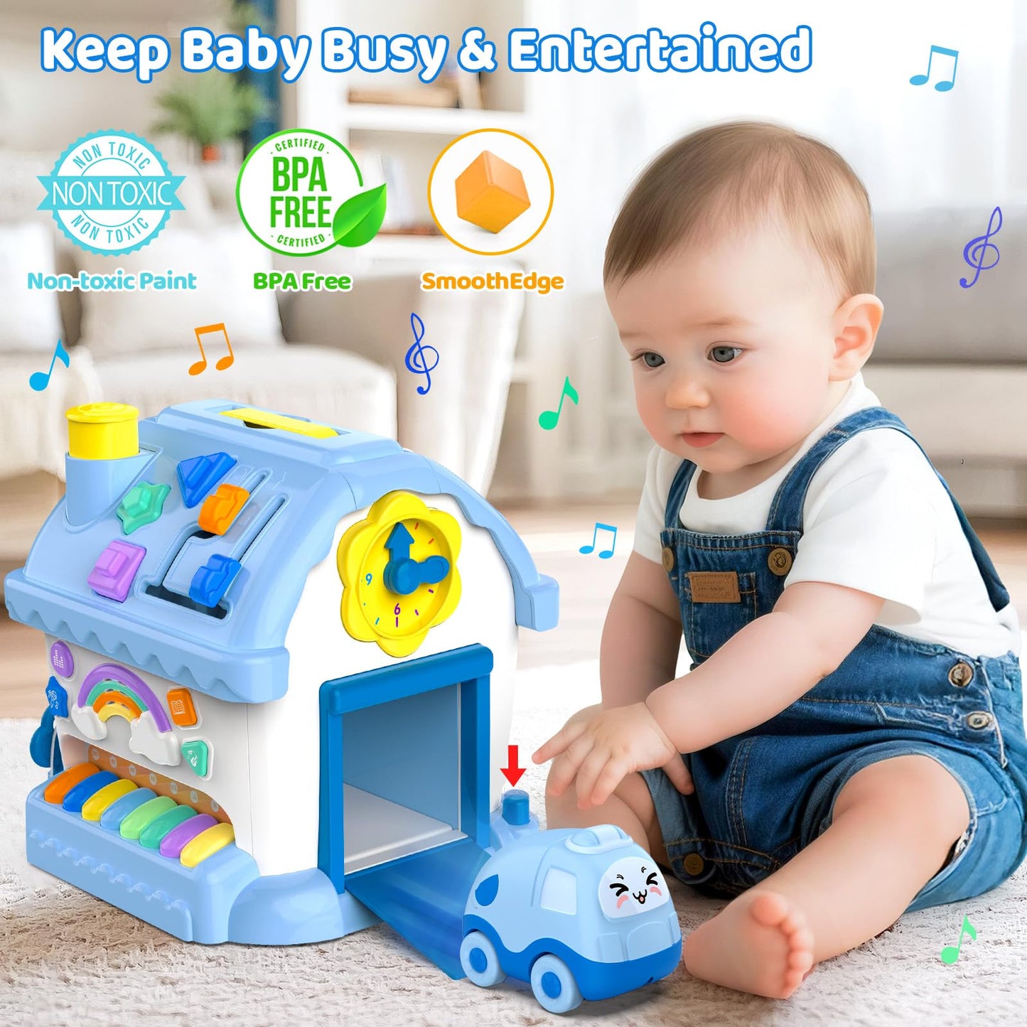 Fidecexv Montessori Toys: 12-in-1 Musical Busy House for 1-2 Year Olds (Blue)