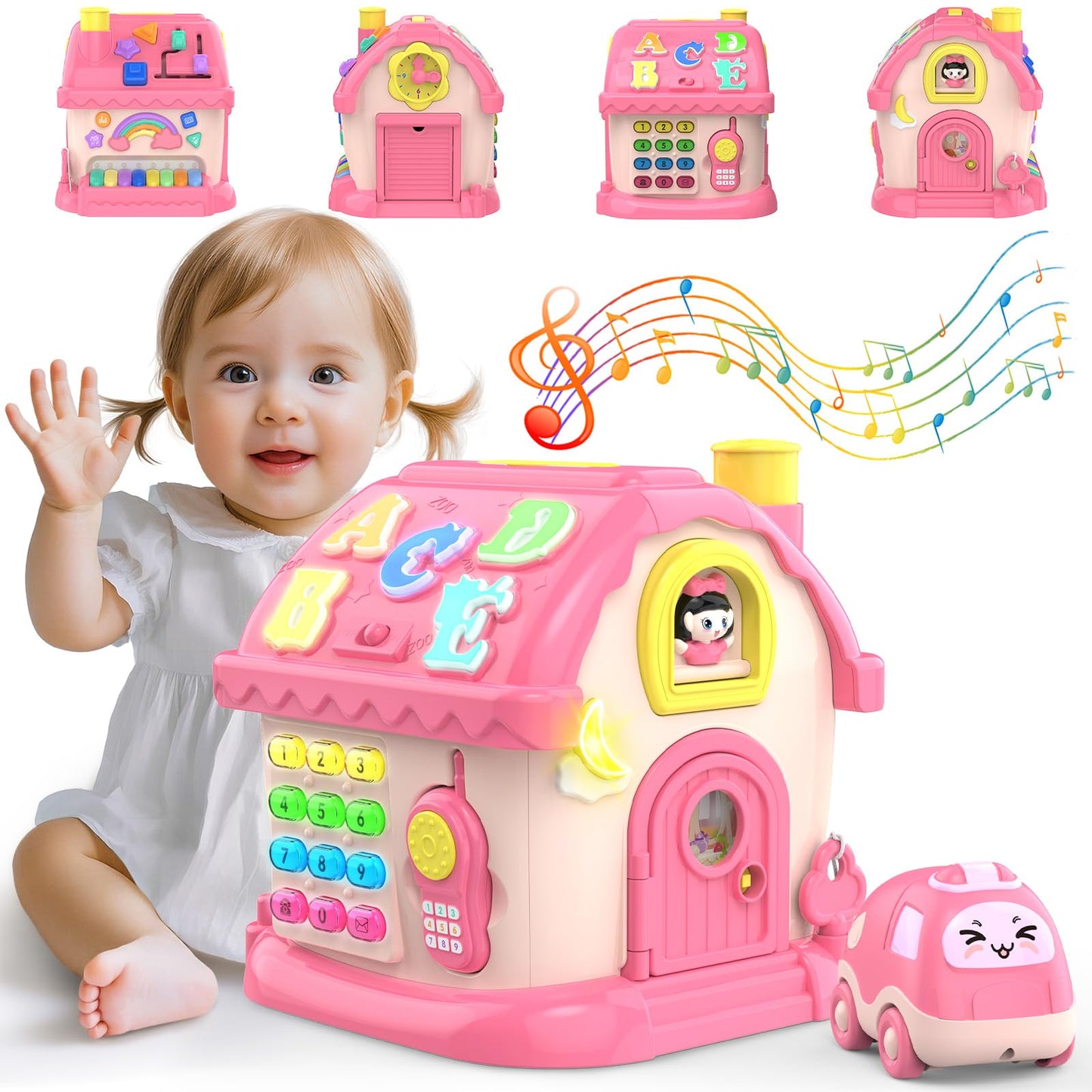 Fidecexv 12-in-1 Montessori Musical House Toddler Toy for 1–2 Years (Pink)