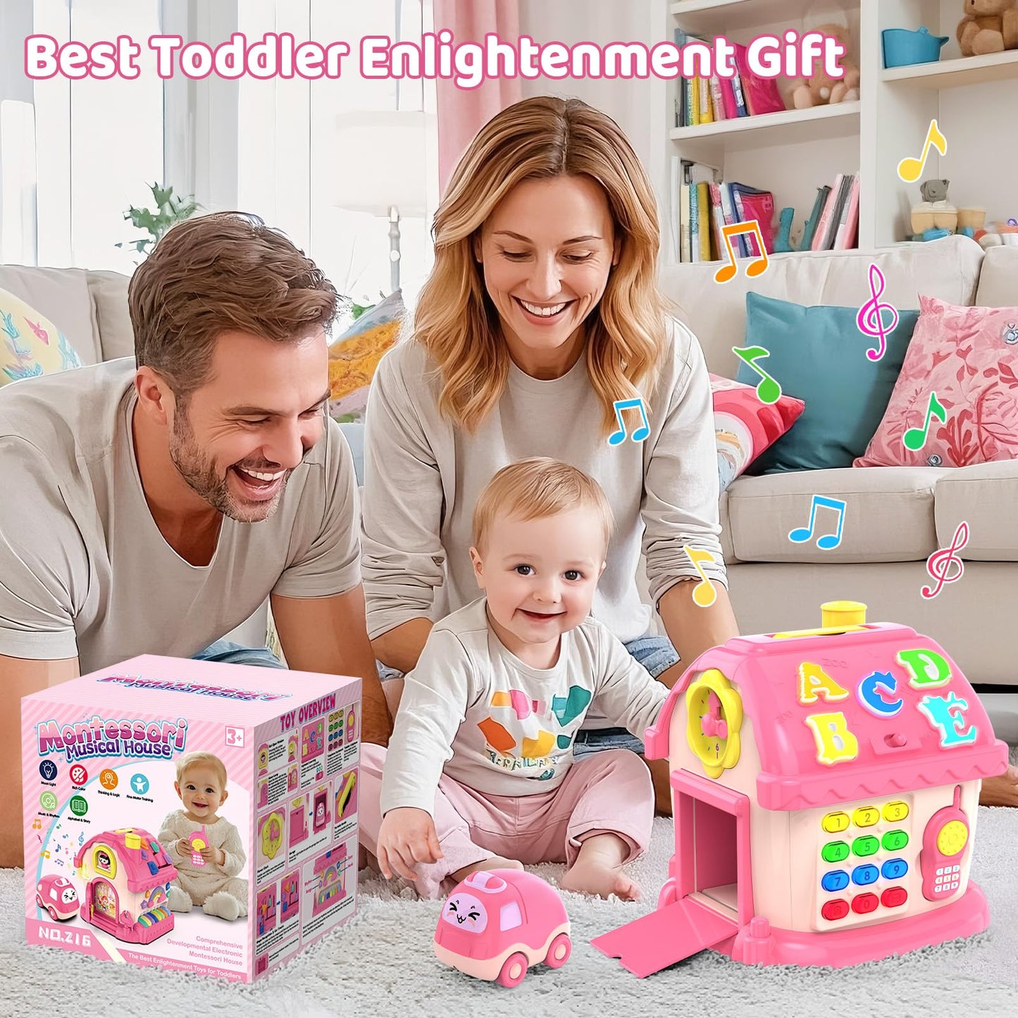 Fidecexv 12-in-1 Montessori Musical House Toddler Toy for 1–2 Years (Pink)