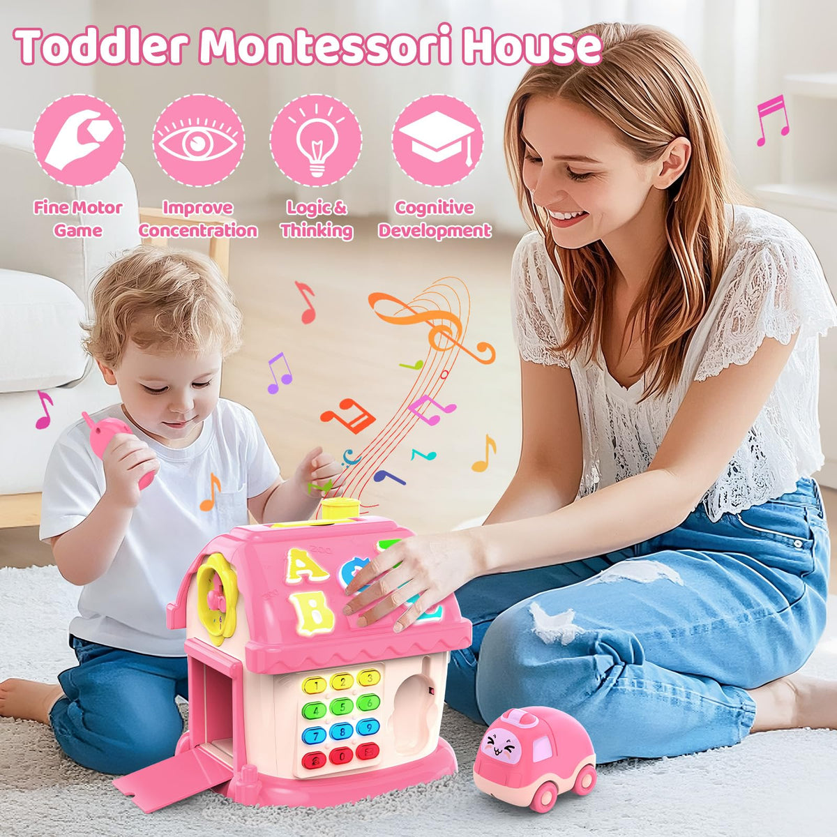 Fidecexv 12-in-1 Montessori Musical House Toddler Toy for 1–2 Years (Pink)