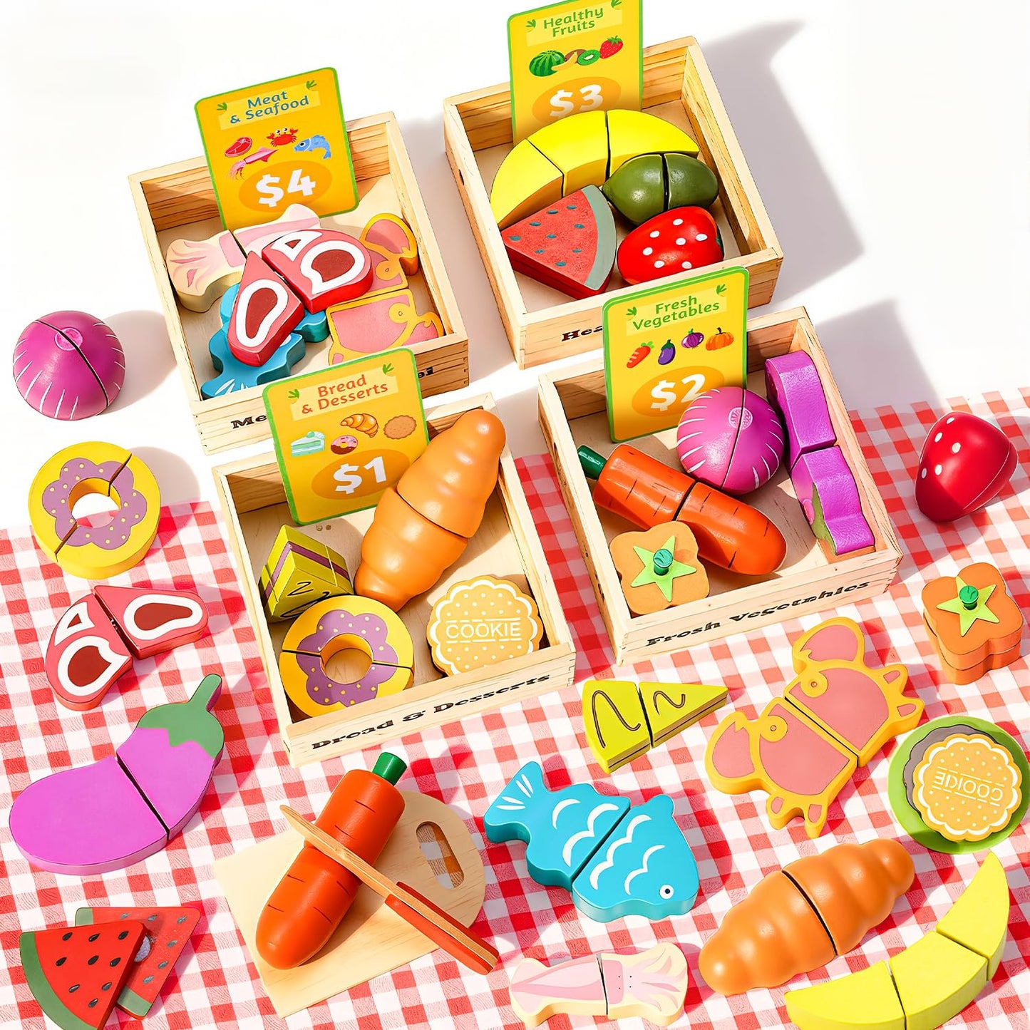 Fiderix 70 PCS Montessori Wooden Play Food Set for Kids Kitchen