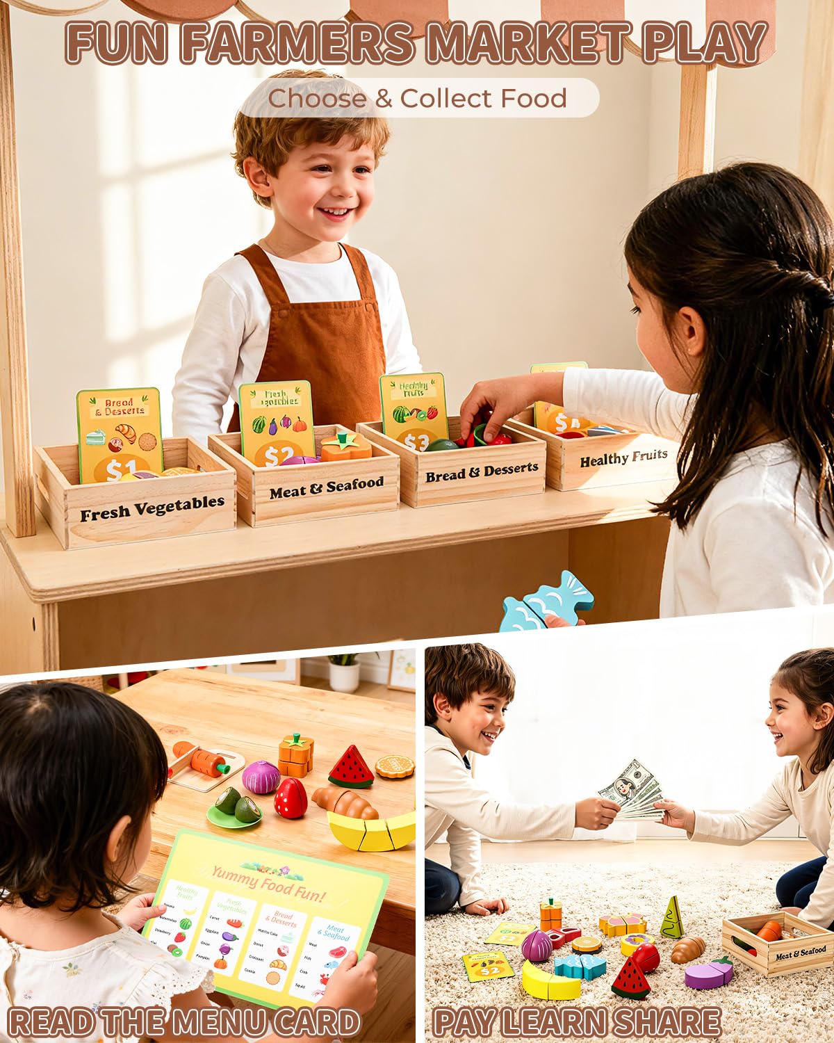 Fiderix 70 PCS Montessori Wooden Play Food Set for Kids Kitchen