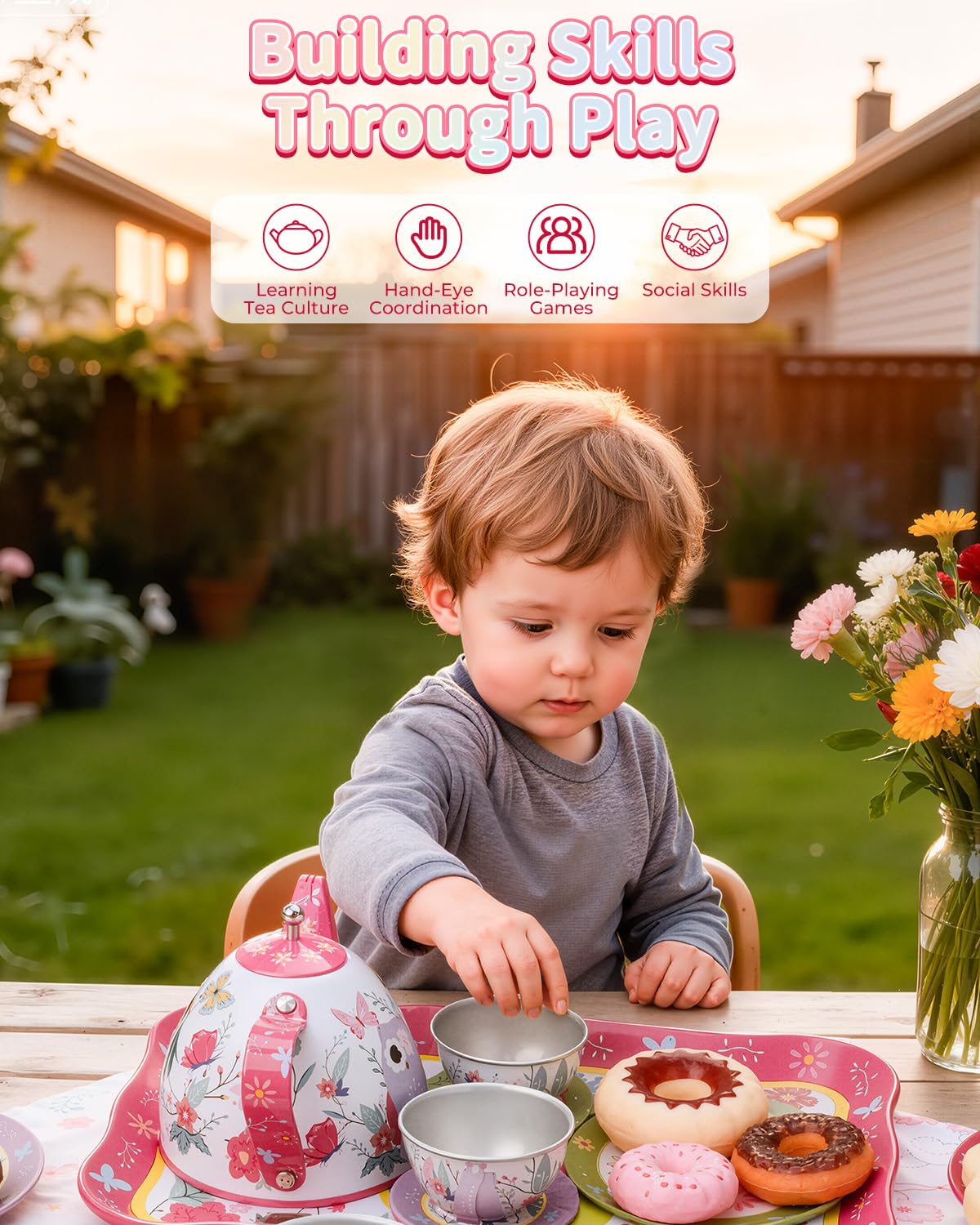 Fiderix Premium Tea Party Set for Toddlers 3–6 | Durable Tin Toy Tea Set with Carrying Case