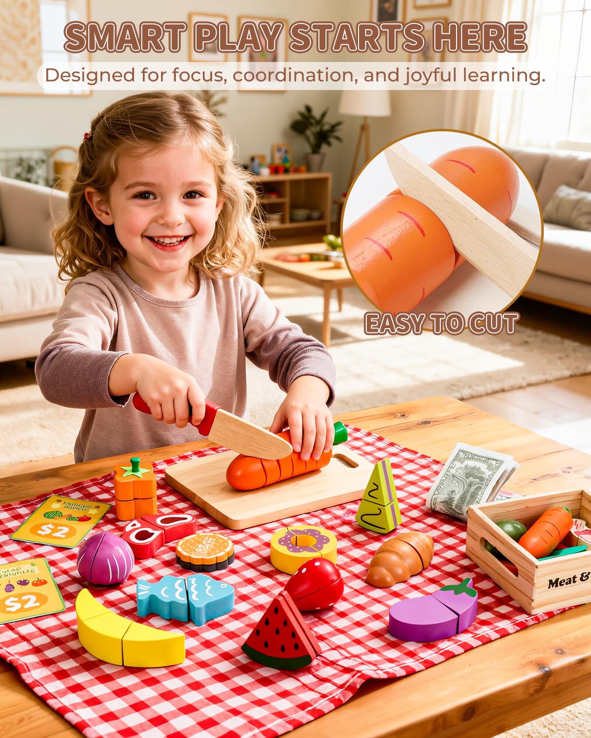 Fiderix 70 PCS Montessori Wooden Play Food Set for Kids Kitchen