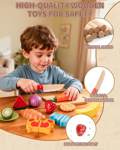 Fiderix 70 PCS Montessori Wooden Play Food Set for Kids Kitchen