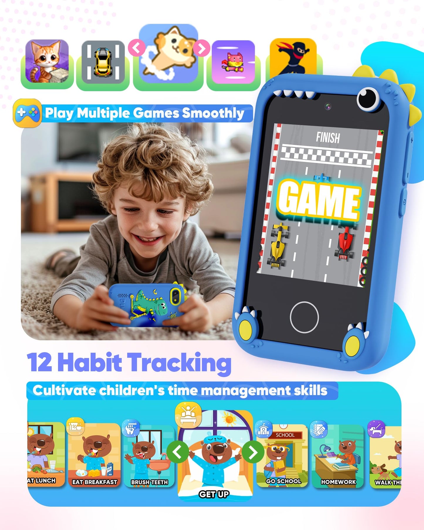 Fiechcco Dinosaur Smart Phone for Kids – 3-5 Year Old Learning Toy with Touchscreen