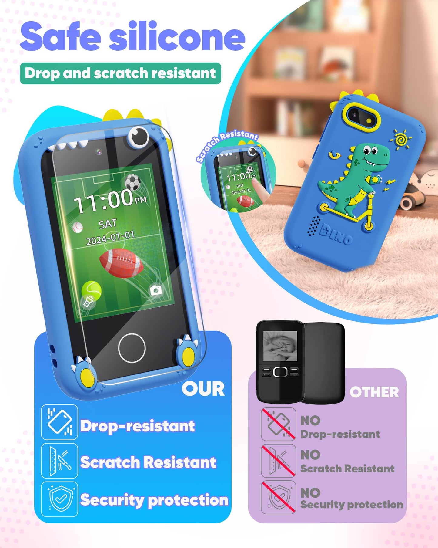 Fiechcco Dinosaur Smart Phone for Kids – 3-5 Year Old Learning Toy with Touchscreen