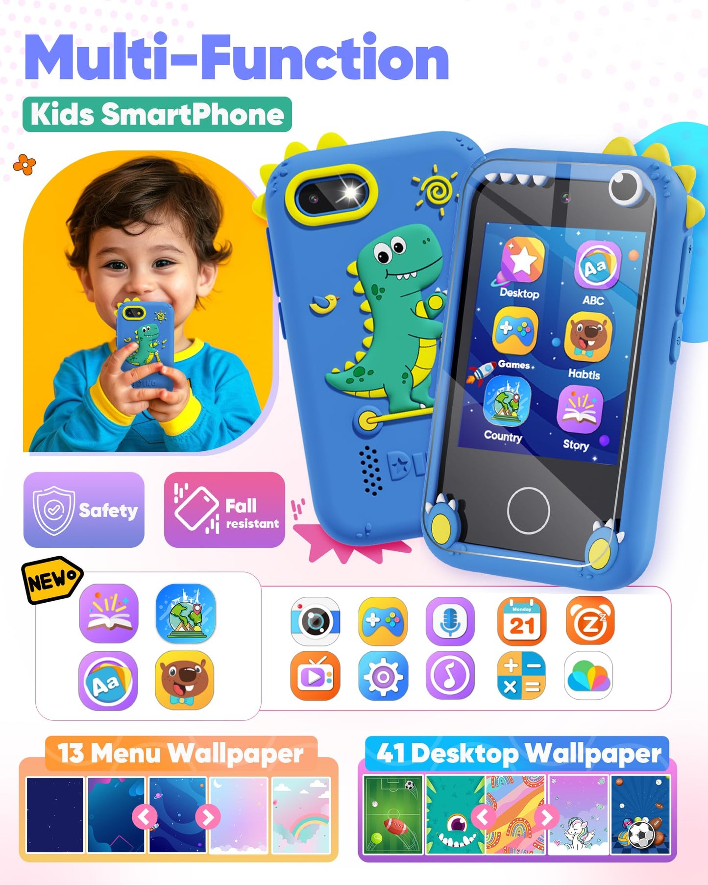 Fiechcco Dinosaur Smart Phone for Kids – 3-5 Year Old Learning Toy with Touchscreen