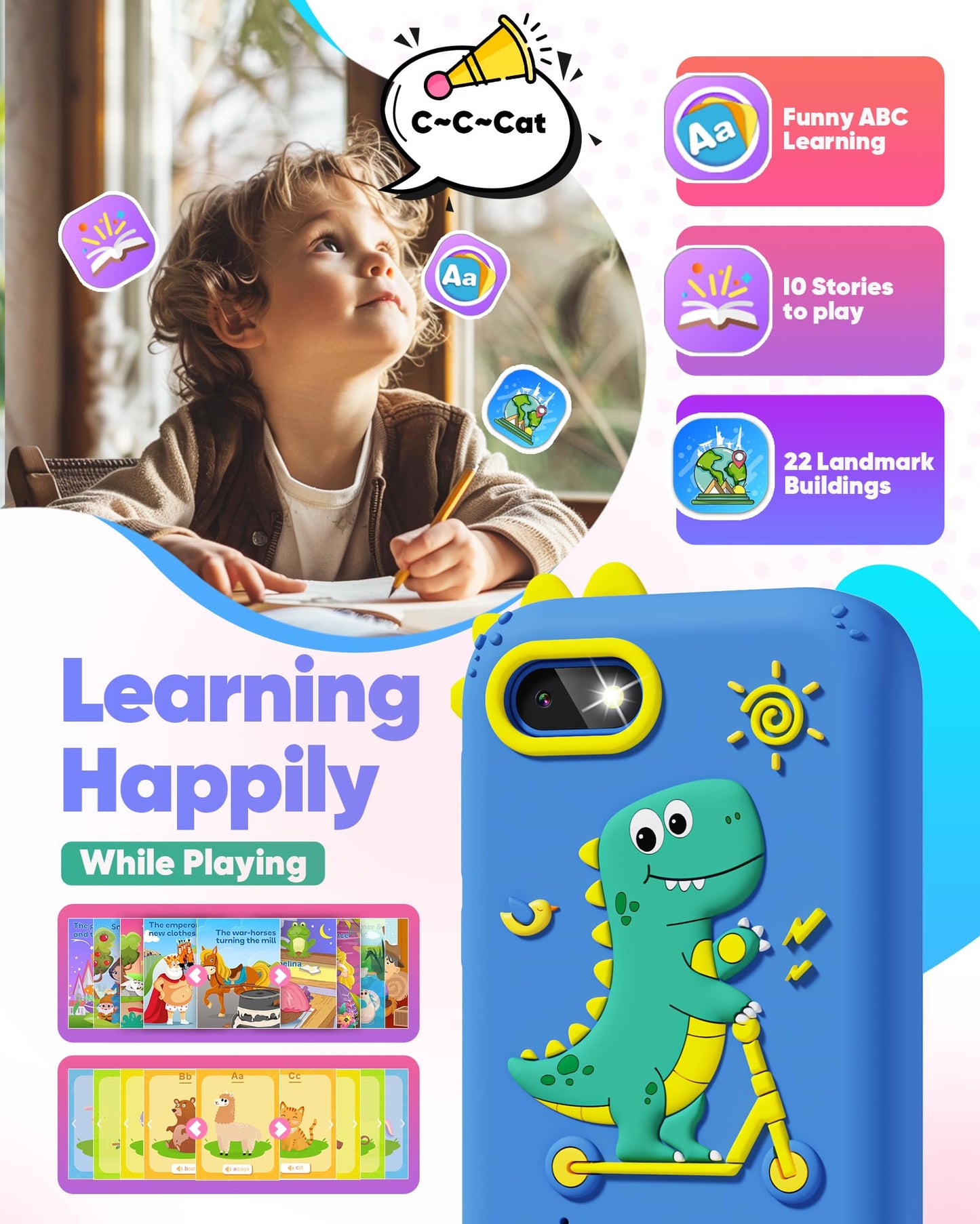 Fiechcco Dinosaur Smart Phone for Kids – 3-5 Year Old Learning Toy with Touchscreen