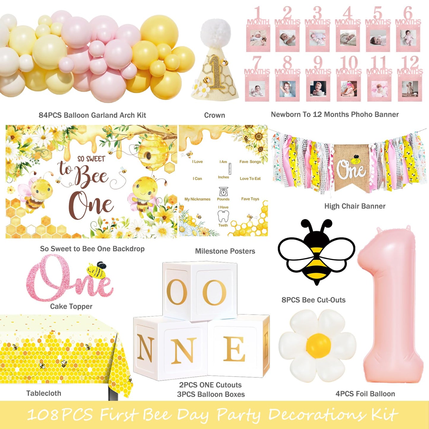 Fiesec First Bee Day Decorations Girl – 108Pcs Honey Bee Themed 1st Birthday Kit