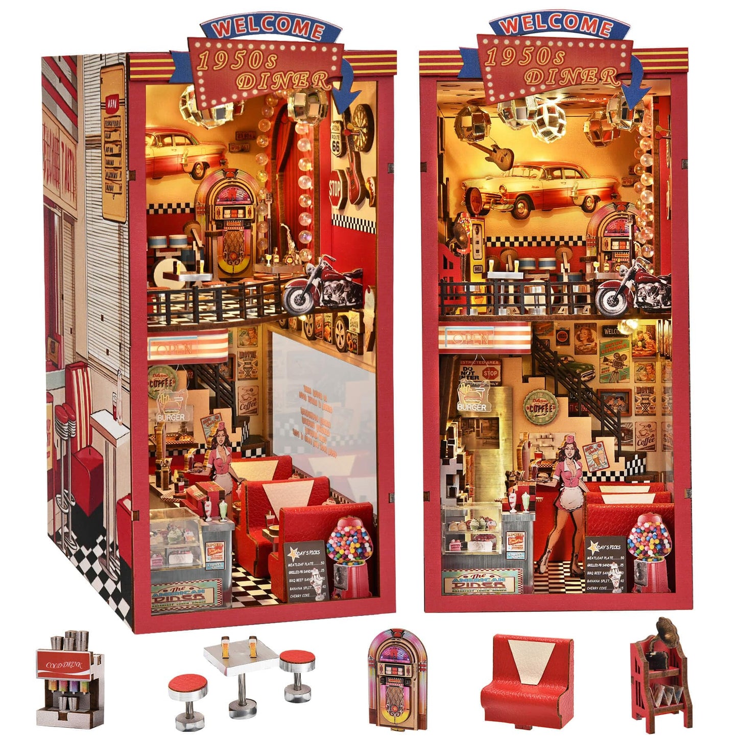 fifijoy Book Nook Kit – DIY 1950s Diner Miniature with LED Light for Bookshelf Decor