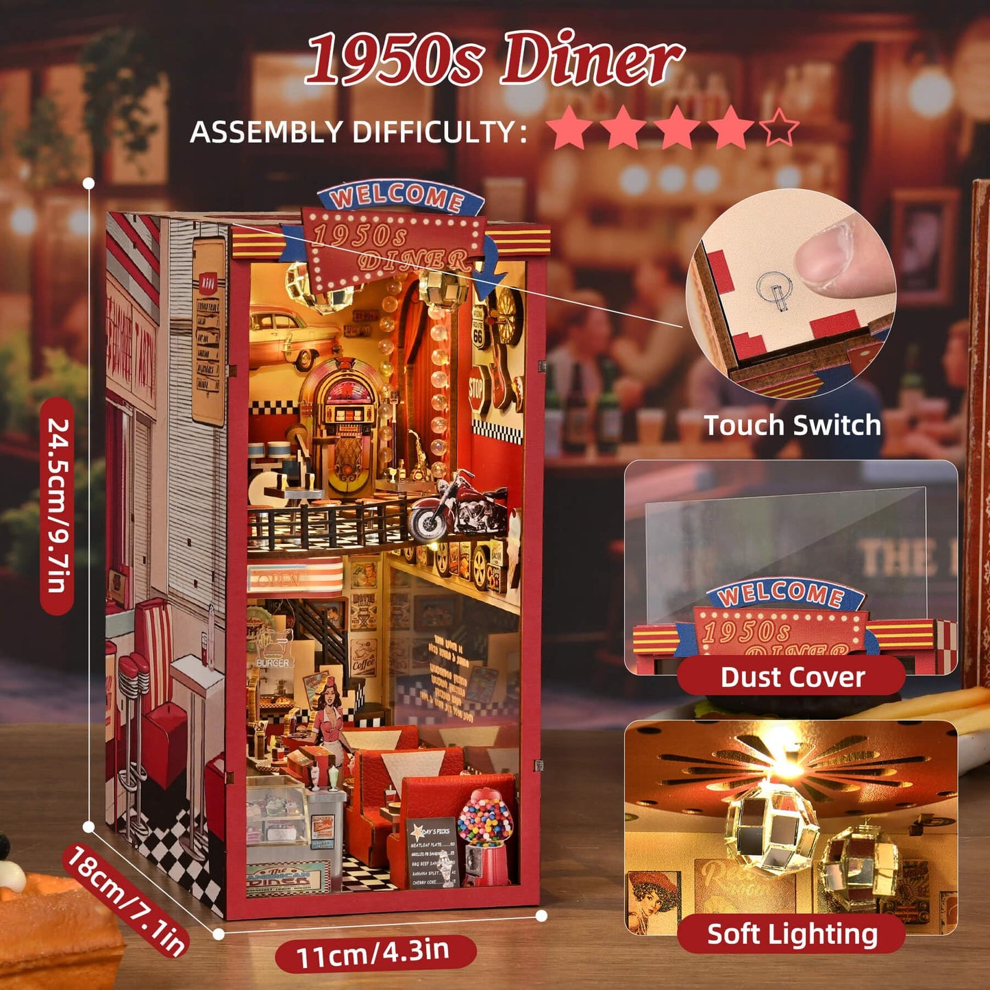fifijoy Book Nook Kit – DIY 1950s Diner Miniature with LED Light for Bookshelf Decor