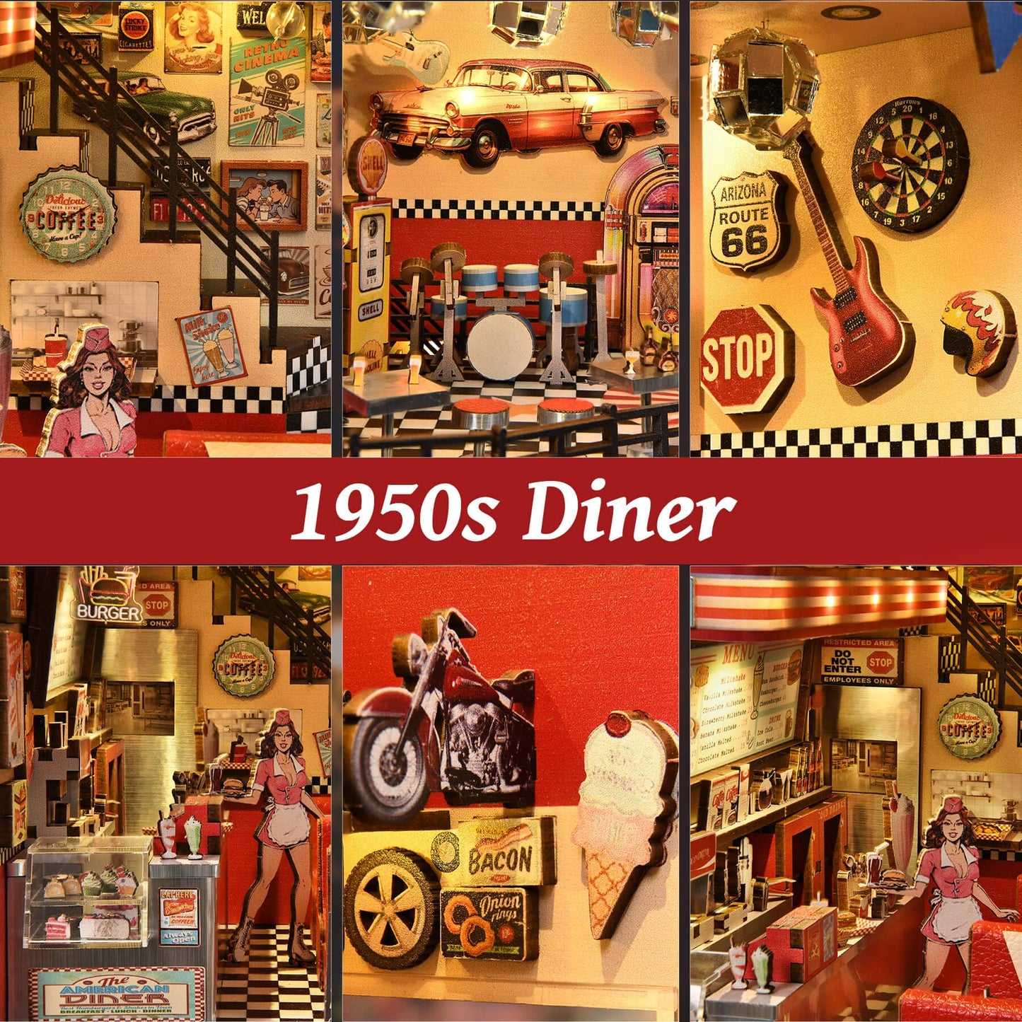 fifijoy Book Nook Kit – DIY 1950s Diner Miniature with LED Light for Bookshelf Decor
