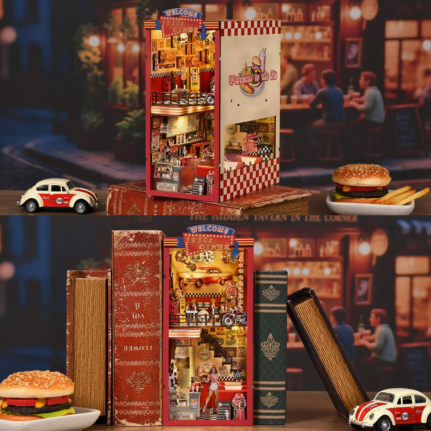fifijoy Book Nook Kit – DIY 1950s Diner Miniature with LED Light for Bookshelf Decor