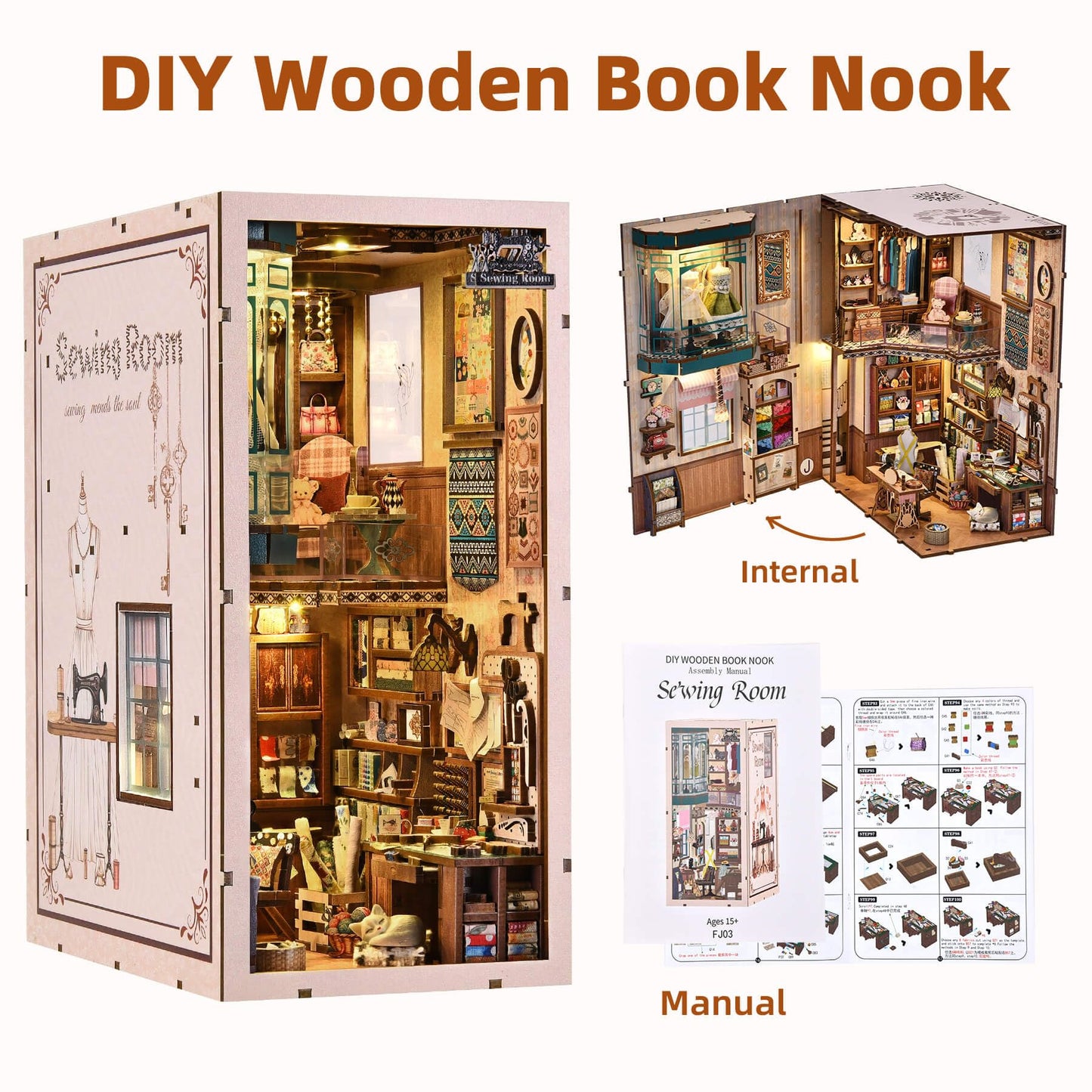 fifijoy Book Nook Kit – DIY Miniature Sewing Room Dollhouse for Adults & Teens