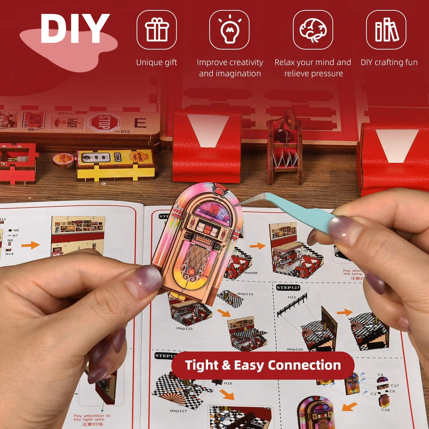 fifijoy Book Nook Kit – DIY 1950s Diner Miniature with LED Light for Bookshelf Decor