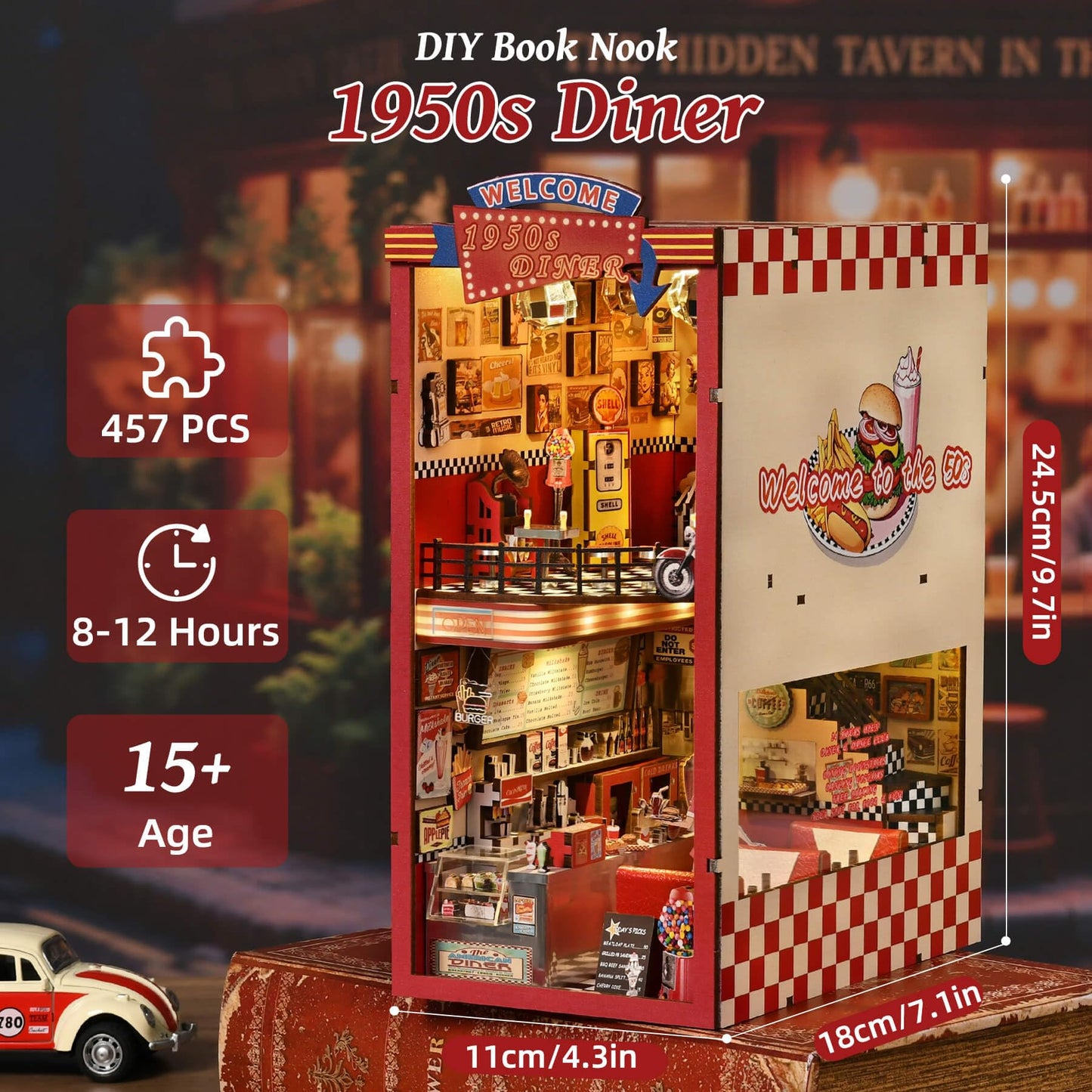 fifijoy Book Nook Kit – DIY 1950s Diner Miniature with LED Light for Bookshelf Decor