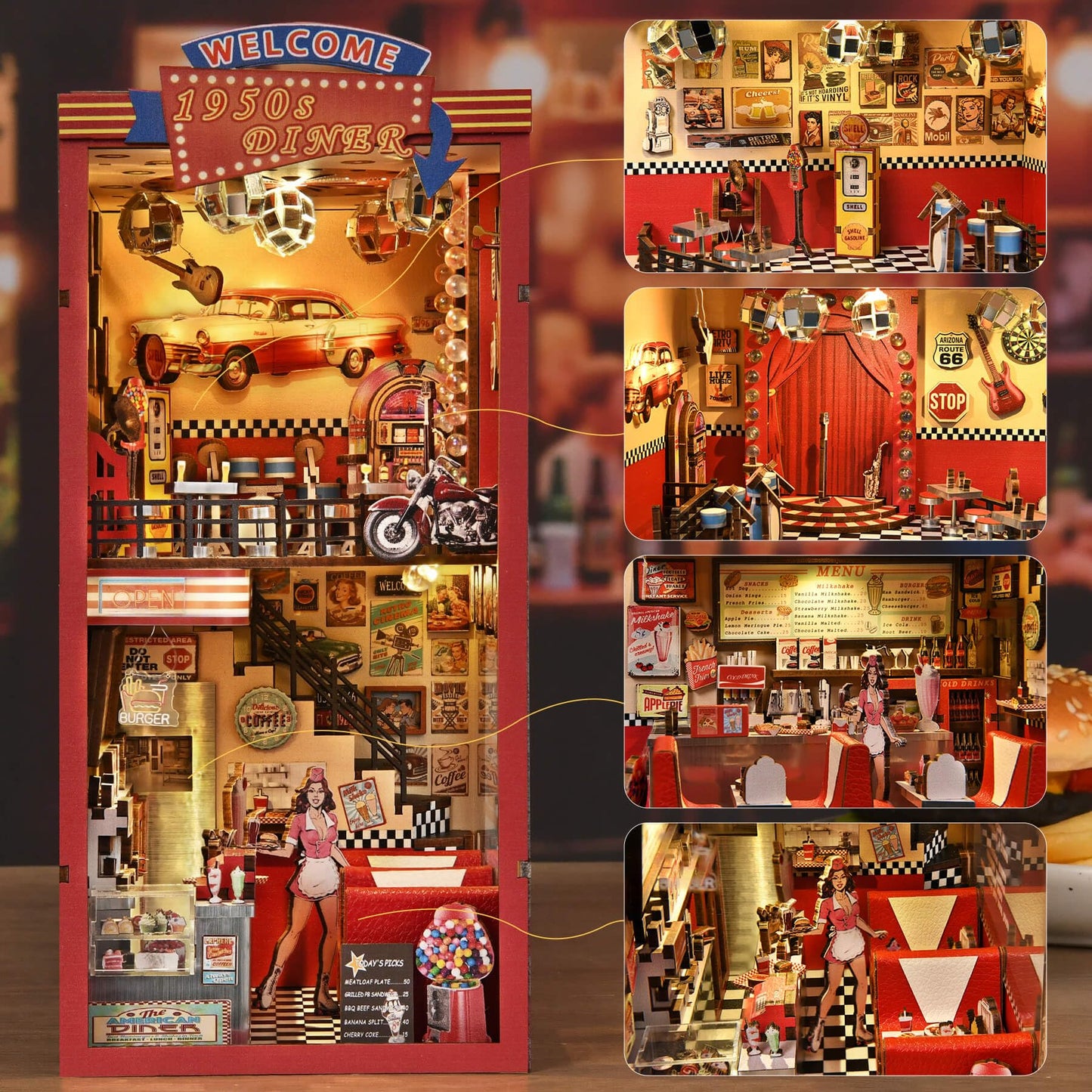 fifijoy Book Nook Kit – DIY 1950s Diner Miniature with LED Light for Bookshelf Decor