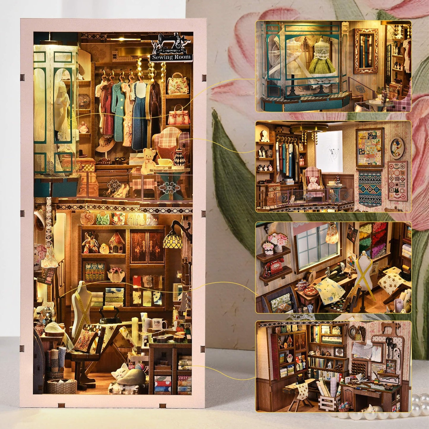 fifijoy Book Nook Kit – DIY Miniature Sewing Room Dollhouse for Adults & Teens