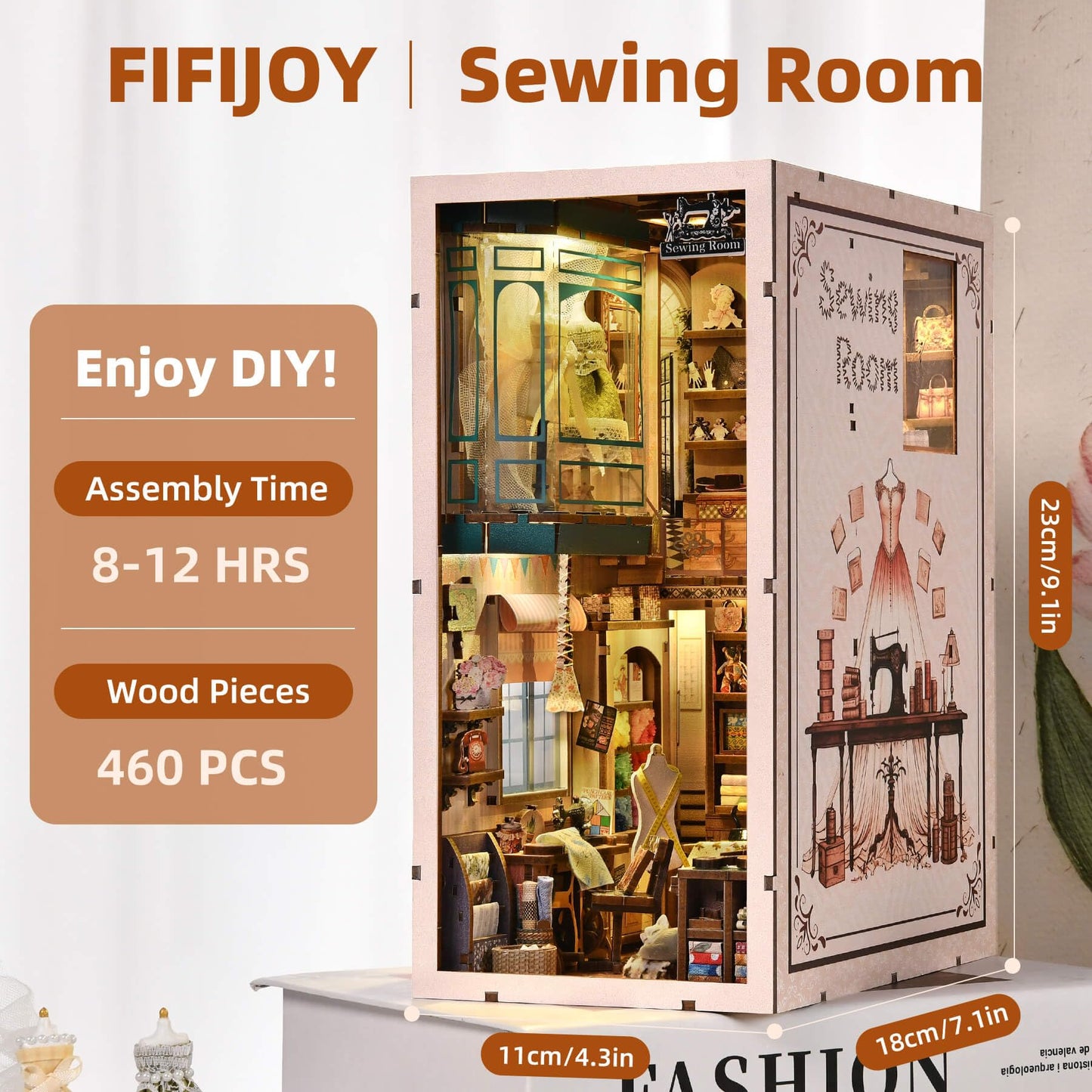 fifijoy Book Nook Kit – DIY Miniature Sewing Room Dollhouse for Adults & Teens