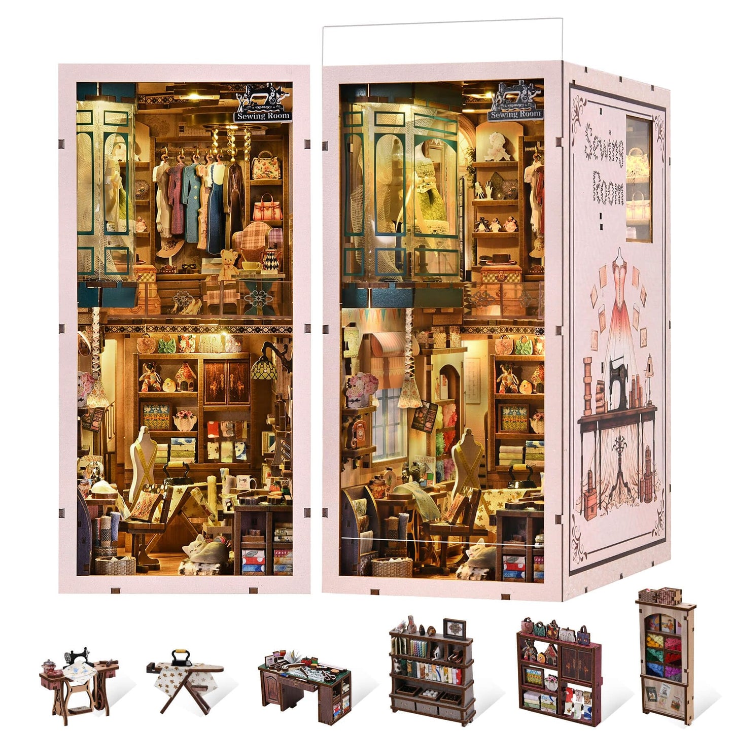 fifijoy Book Nook Kit – DIY Miniature Sewing Room Dollhouse for Adults & Teens