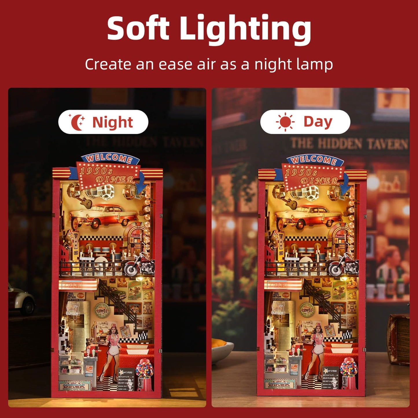fifijoy Book Nook Kit – DIY 1950s Diner Miniature with LED Light for Bookshelf Decor
