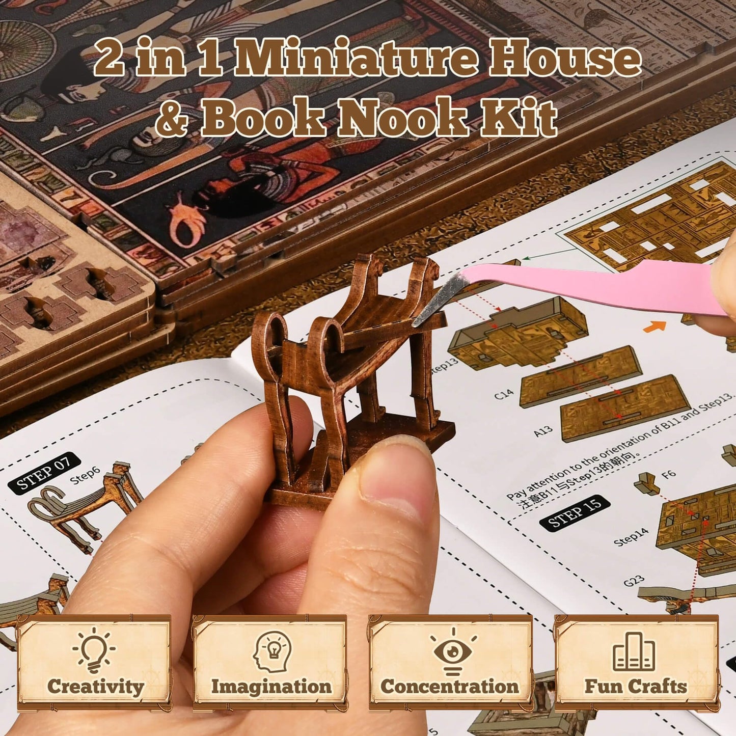fifijoy Book Nook Kit – DIY Egyptian Pharaoh's Tomb Dollhouse with LED Light