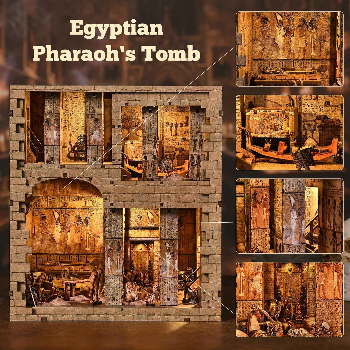 fifijoy Book Nook Kit – DIY Egyptian Pharaoh's Tomb Dollhouse with LED Light