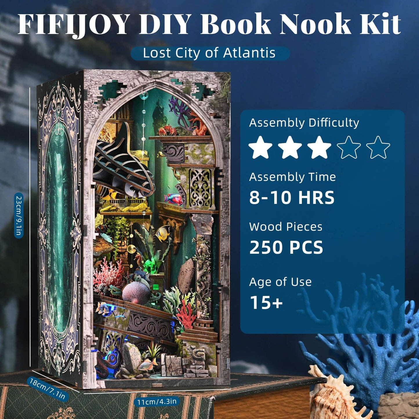 fifijoy Book Nook Kit – Atlantis-Inspired 3D Dollhouse with LED Light for Bookshelf Decor