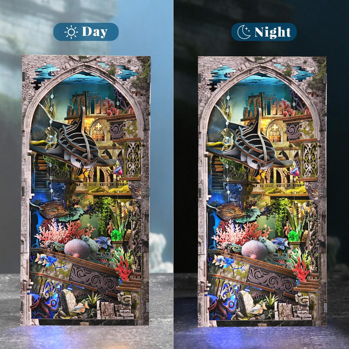 fifijoy Book Nook Kit – Atlantis-Inspired 3D Dollhouse with LED Light for Bookshelf Decor