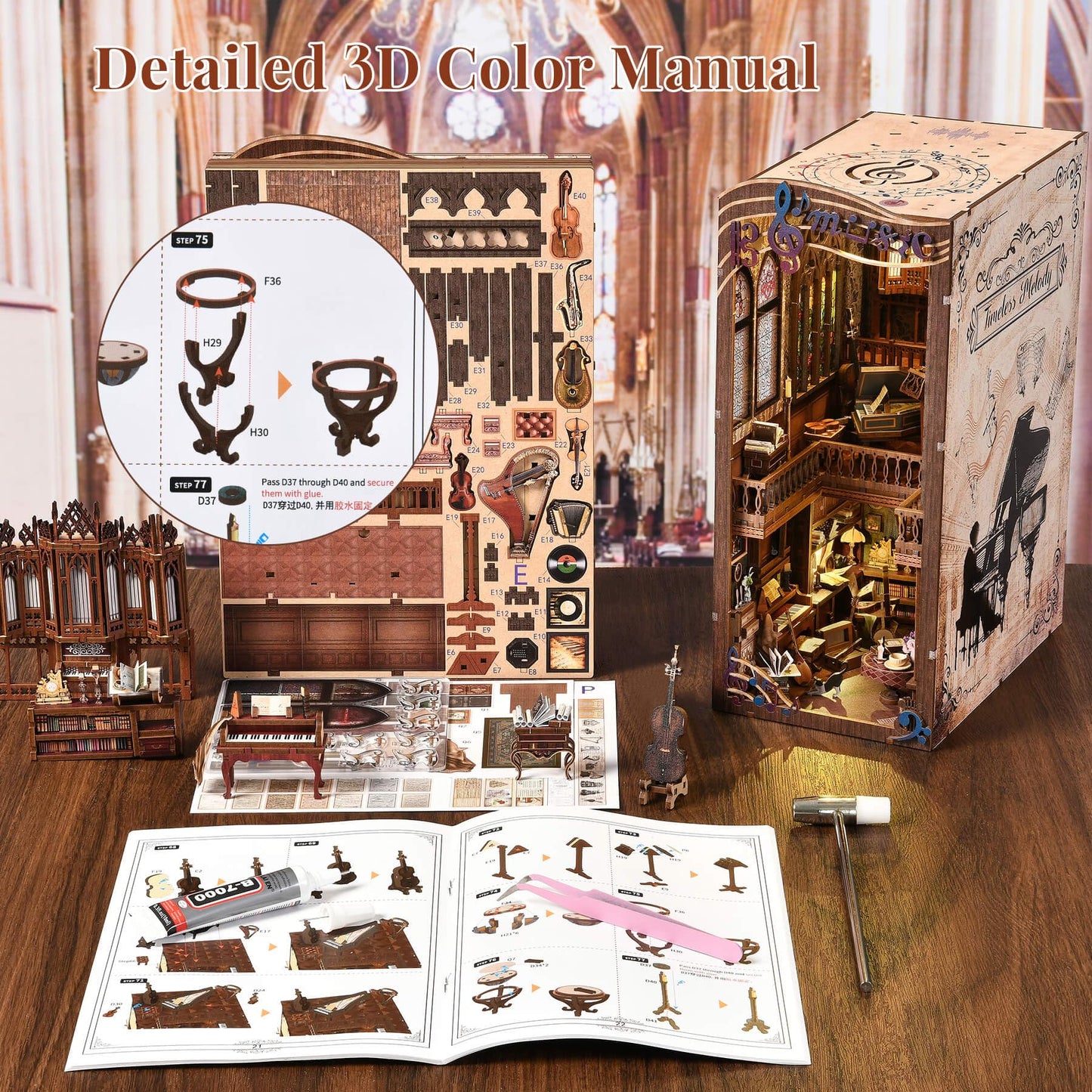 fifijoy Timeless Melody Book Nook Kit – 3D Wooden Puzzle with LED Light