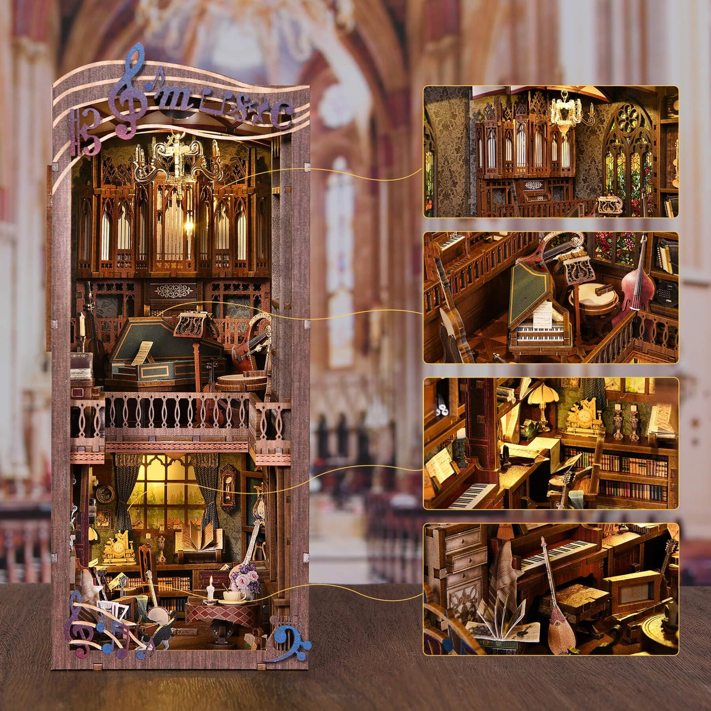 fifijoy Timeless Melody Book Nook Kit – 3D Wooden Puzzle with LED Light