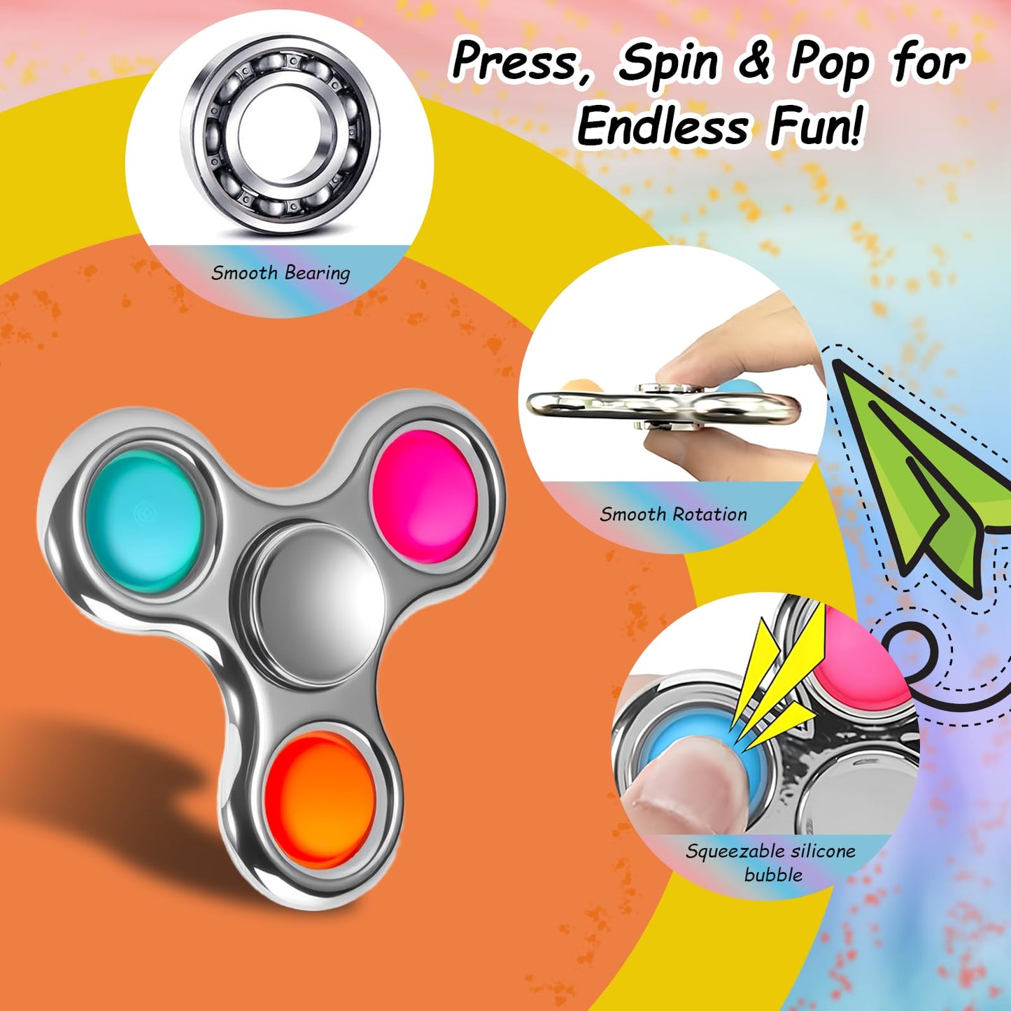 FIGROL Fidget Toys 3 Pack – Pop Fidget Spinner for Stress Relief & Focus (Silver)