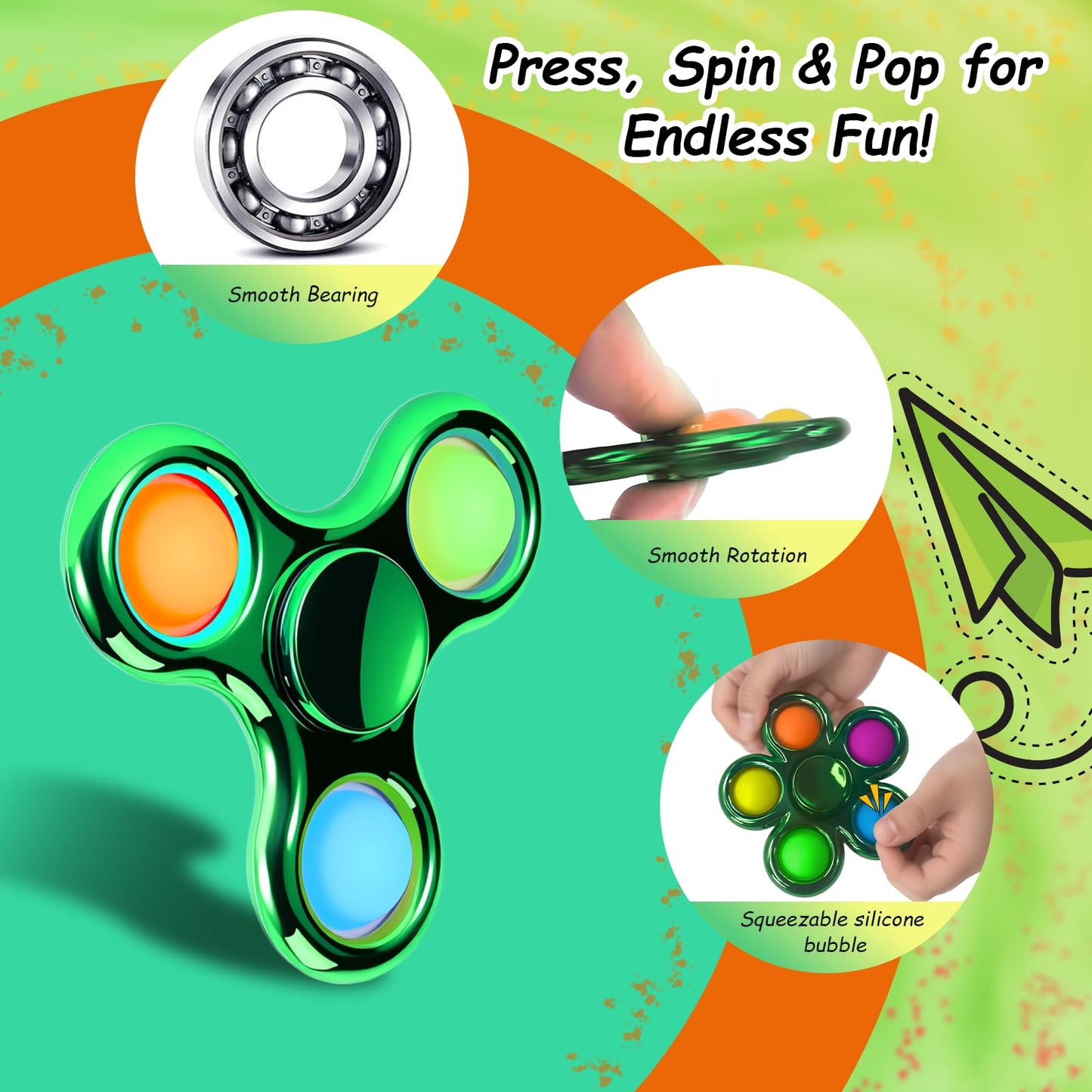 FIGROL 3-Pack Pop Fidget Spinner Green – Stress Relief & Sensory Toy for Kids & Adults