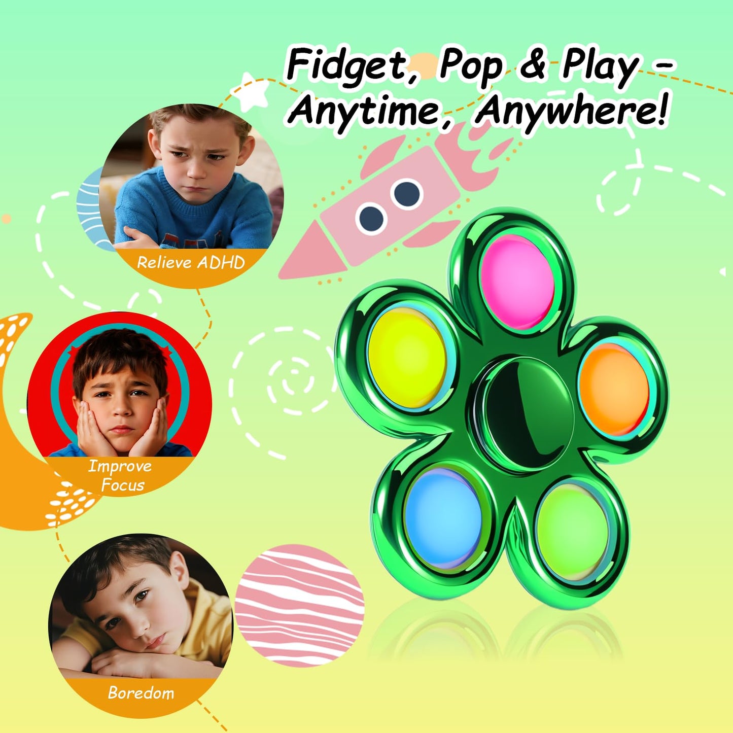 FIGROL 3-Pack Pop Fidget Spinner Green – Stress Relief & Sensory Toy for Kids & Adults