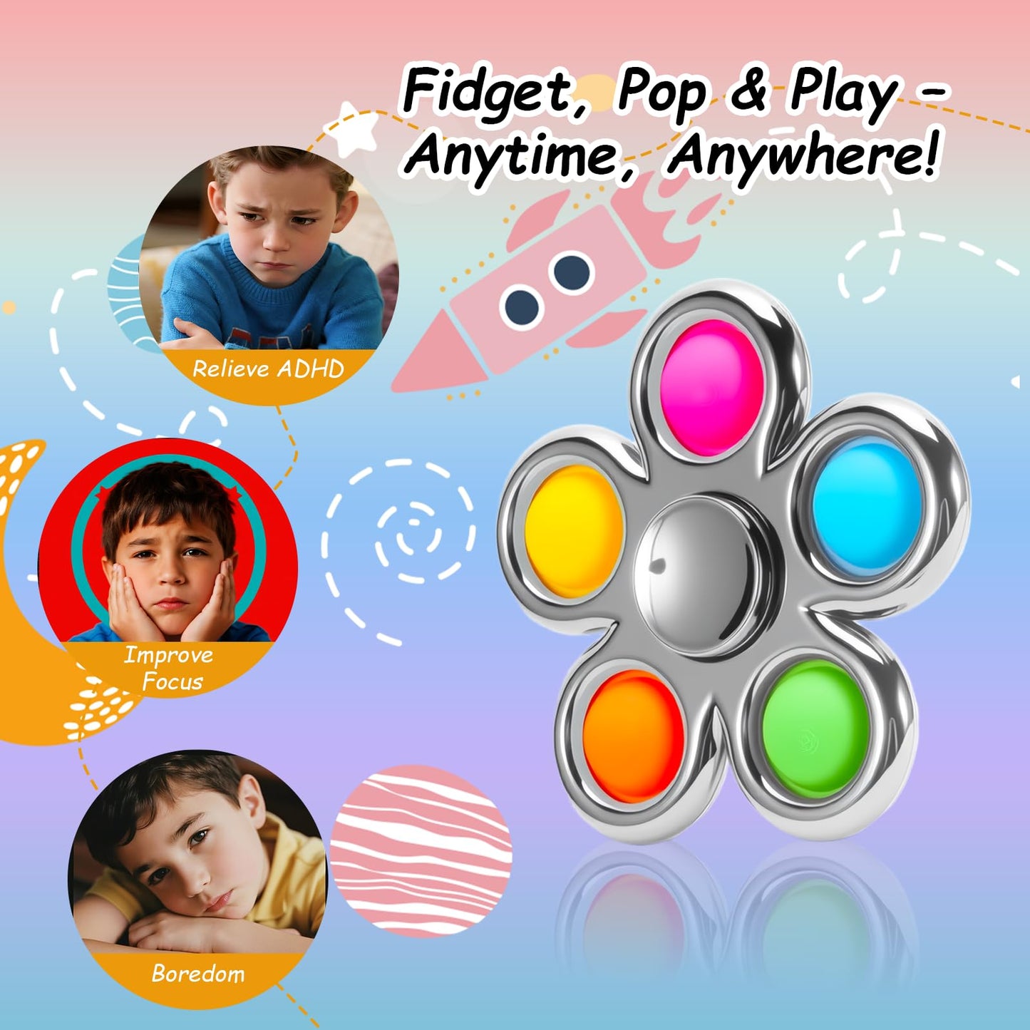 FIGROL Fidget Toys 3 Pack – Pop Fidget Spinner for Stress Relief & Focus (Silver)