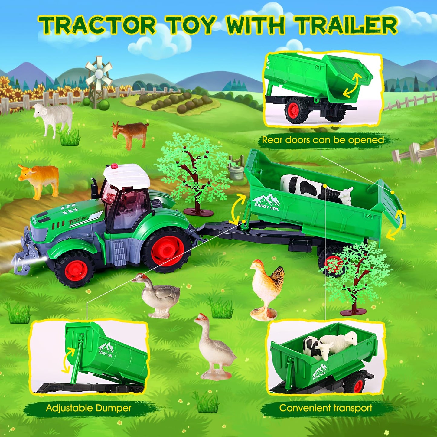 FIIOEOY Remote Control Tractor Toy Set with Trailer and Farm Accessories