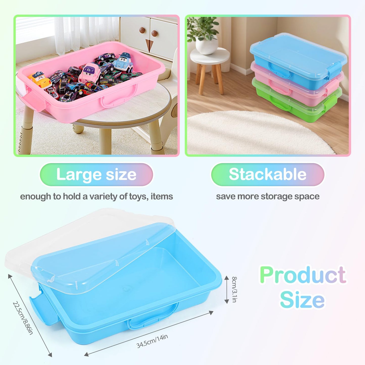 FIIOEOY 3 Pcs Sensory Bin Set with Lids, Stickers & Stackable Storage — Portable Sandbox Toy (Blue/Green/Pink)