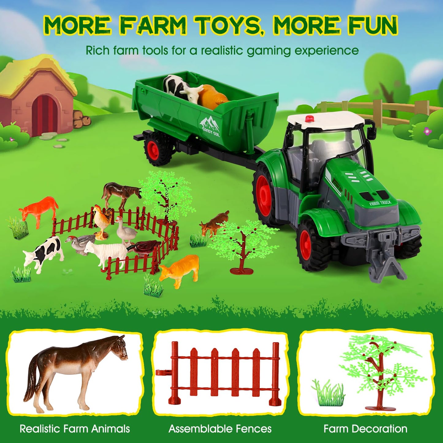FIIOEOY Remote Control Tractor Toy Set with Trailer and Farm Accessories