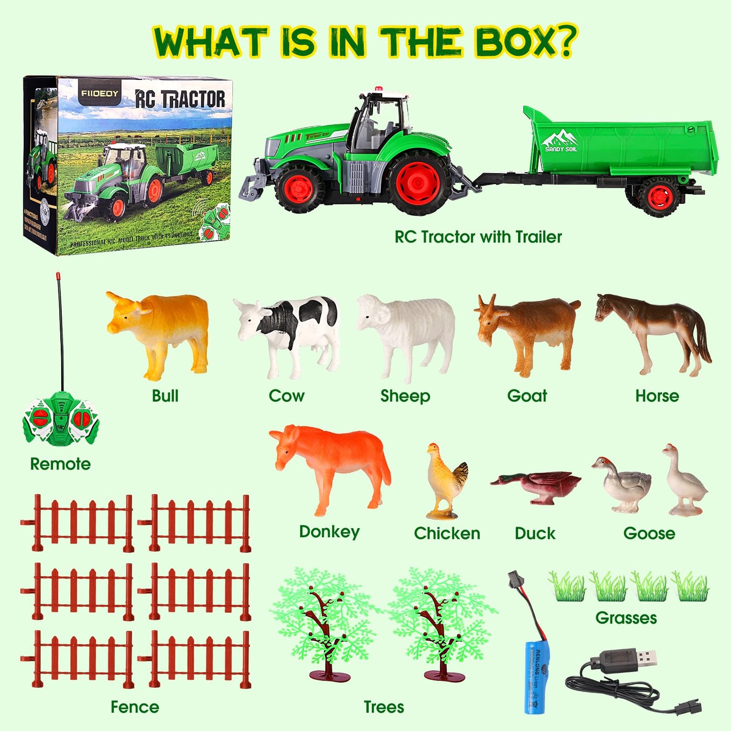 FIIOEOY Remote Control Tractor Toy Set with Trailer and Farm Accessories