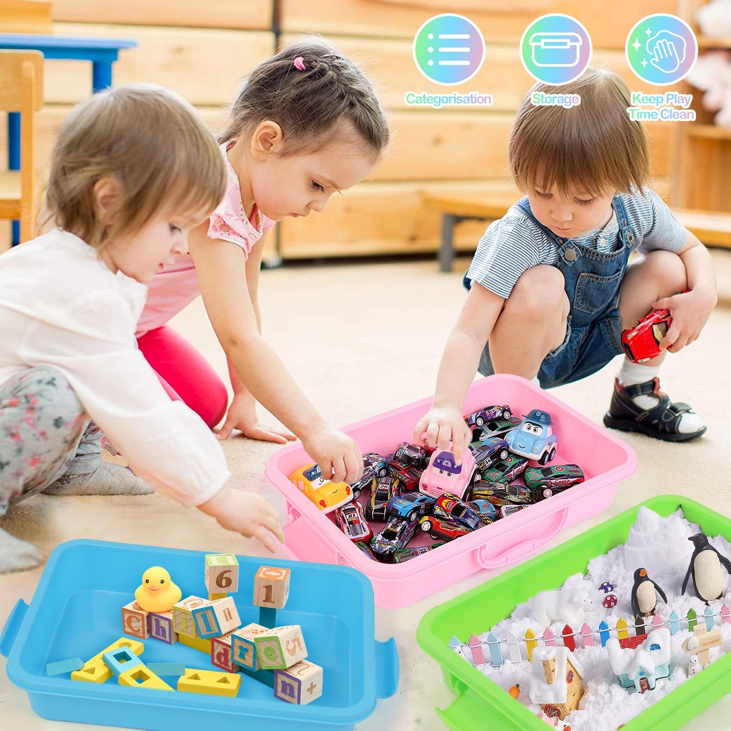 FIIOEOY 3 Pcs Sensory Bin Set with Lids, Stickers & Stackable Storage — Portable Sandbox Toy (Blue/Green/Pink)