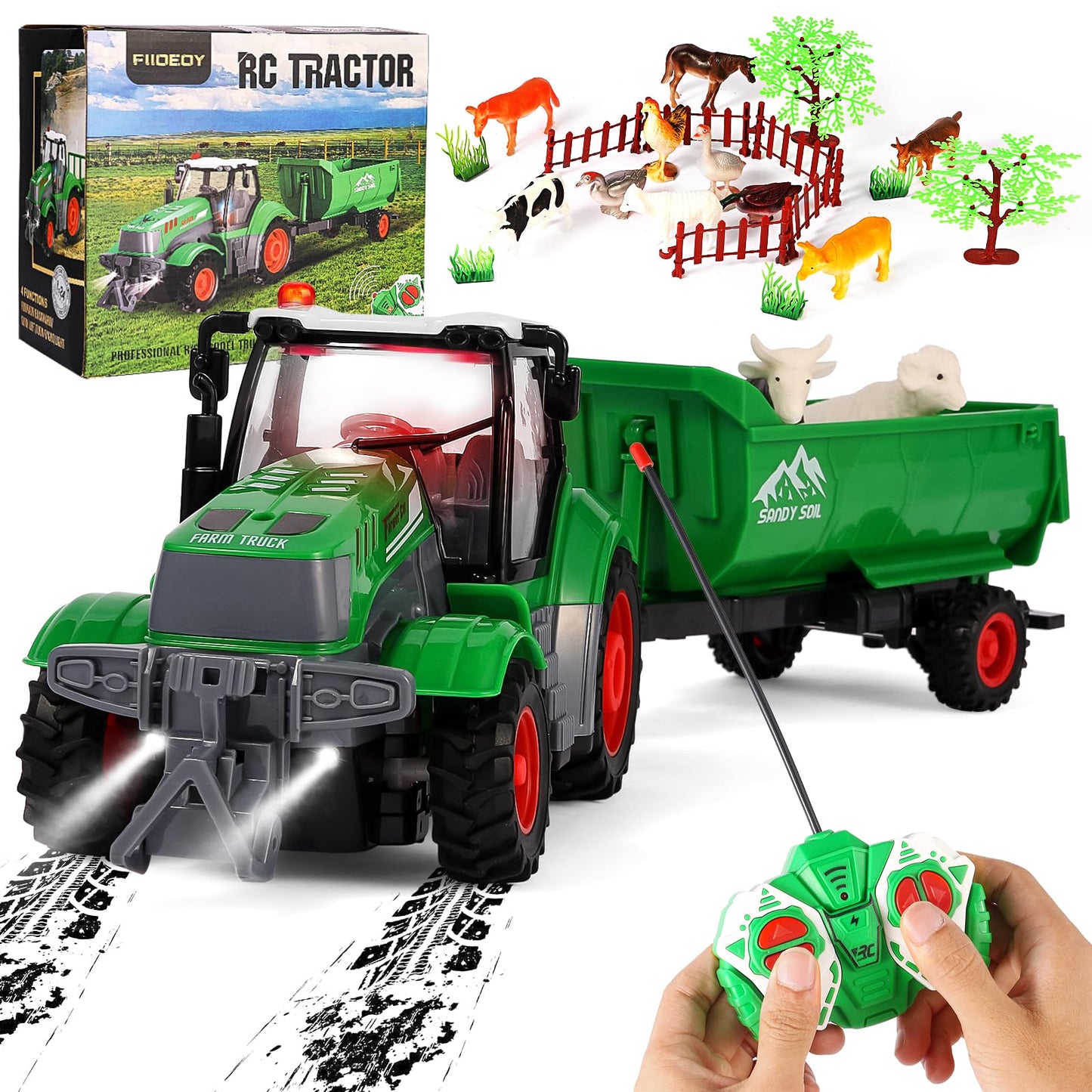 FIIOEOY Remote Control Tractor Toy Set with Trailer and Farm Accessories