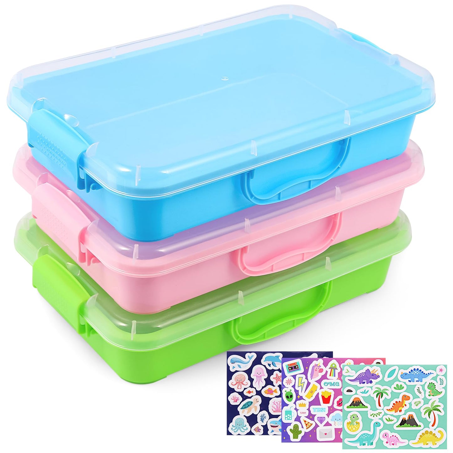 FIIOEOY 3 Pcs Sensory Bin Set with Lids, Stickers & Stackable Storage — Portable Sandbox Toy (Blue/Green/Pink)