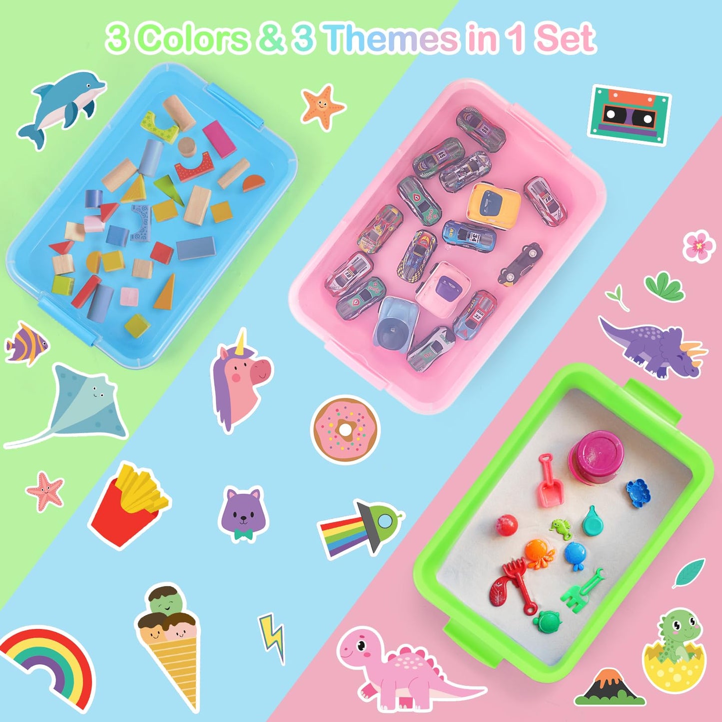 FIIOEOY 3 Pcs Sensory Bin Set with Lids, Stickers & Stackable Storage — Portable Sandbox Toy (Blue/Green/Pink)