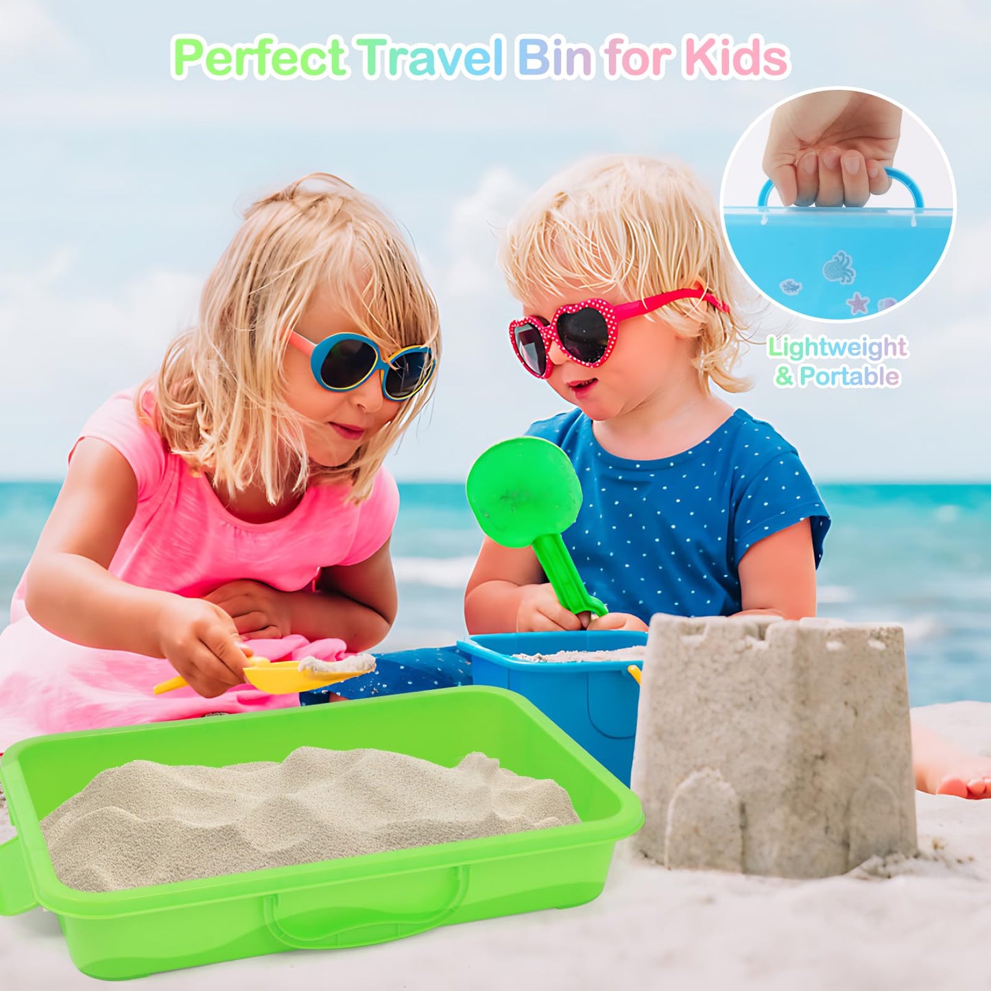 FIIOEOY 3 Pcs Sensory Bin Set with Lids, Stickers & Stackable Storage — Portable Sandbox Toy (Blue/Green/Pink)