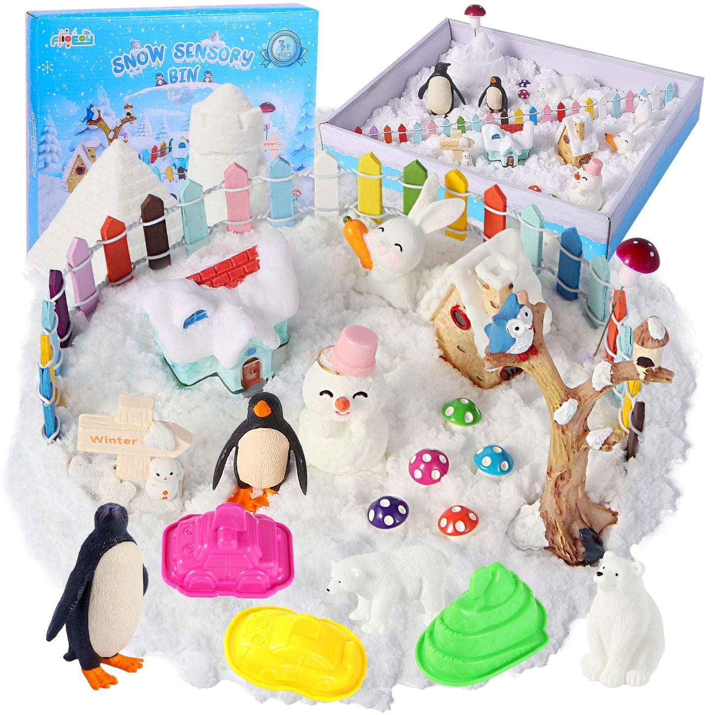 FIIOEOY Snow Sensory Bin - Winter Sand Art Kit with Arctic Figures for Kids